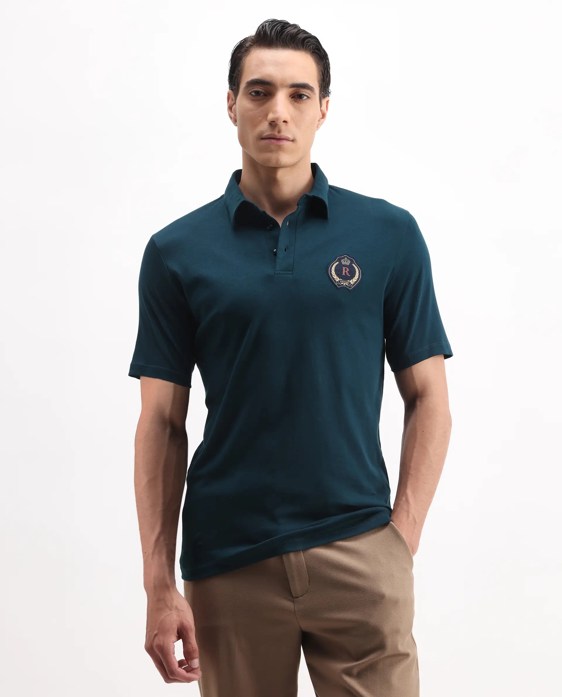 Rare Rabbit Men's Ritz Dark Green Cotton Plain Regular Fit Half Sleeve Polo