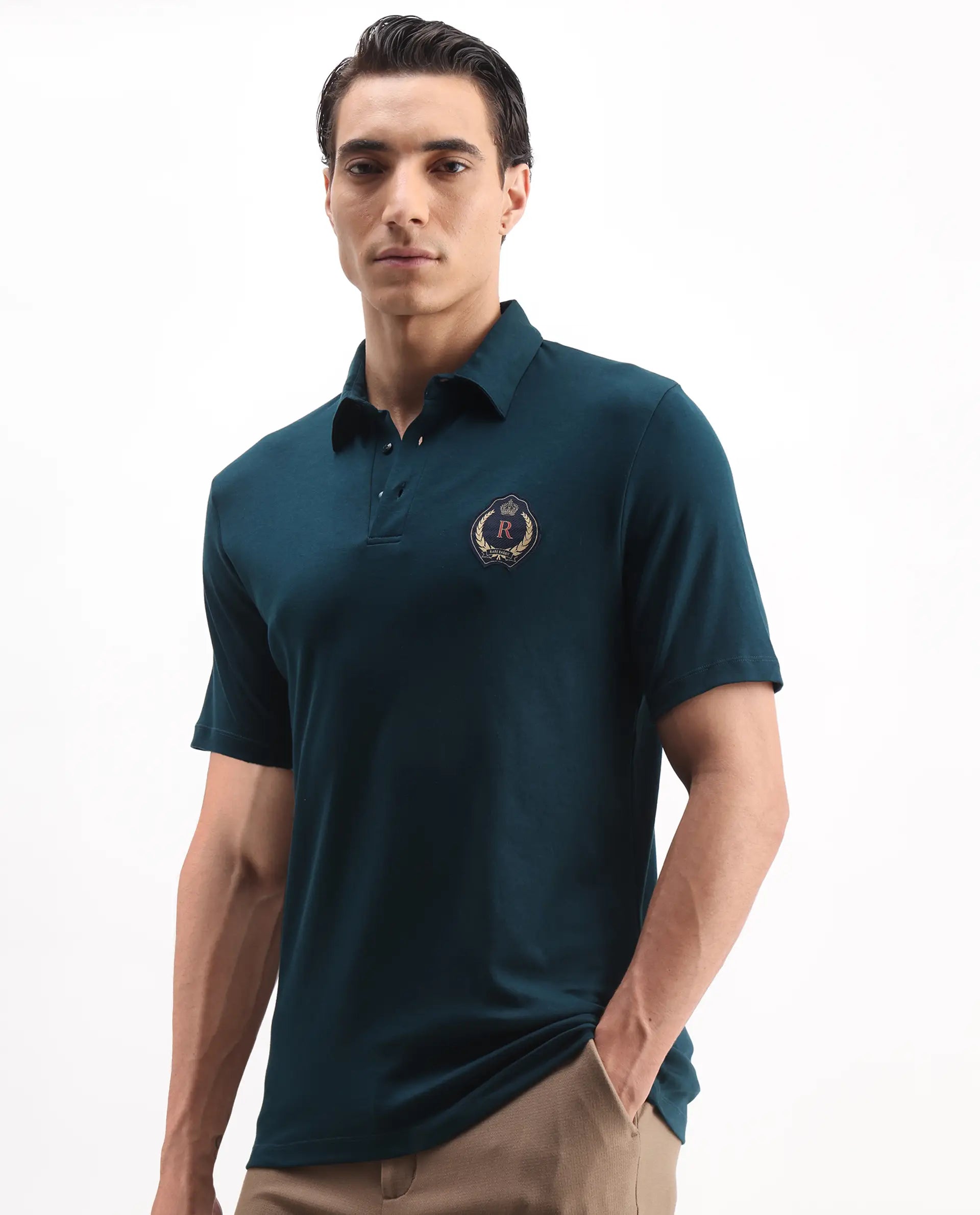 Rare Rabbit Men's Ritz Dark Green Cotton Plain Regular Fit Half Sleeve Polo