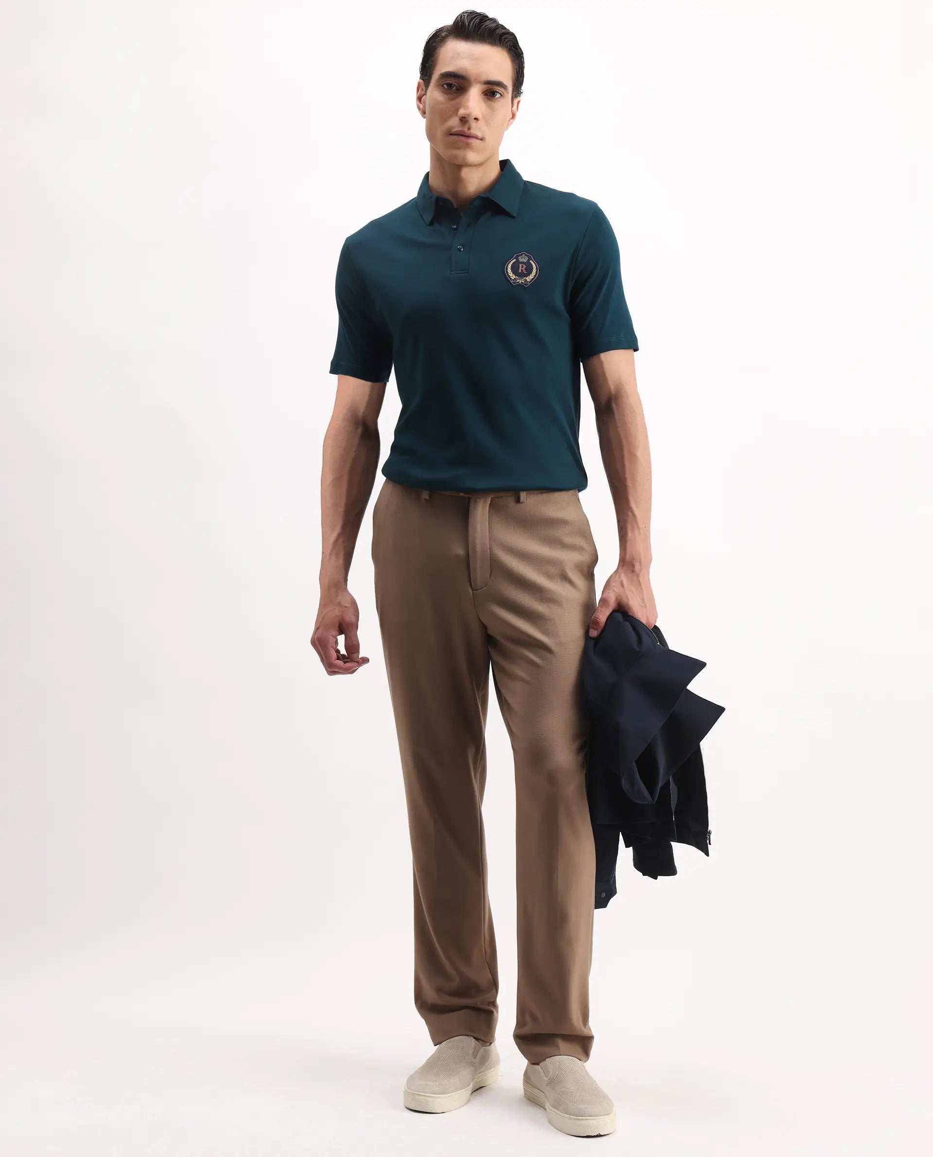 Rare Rabbit Men's Ritz Dark Green Cotton Plain Regular Fit Half Sleeve Polo