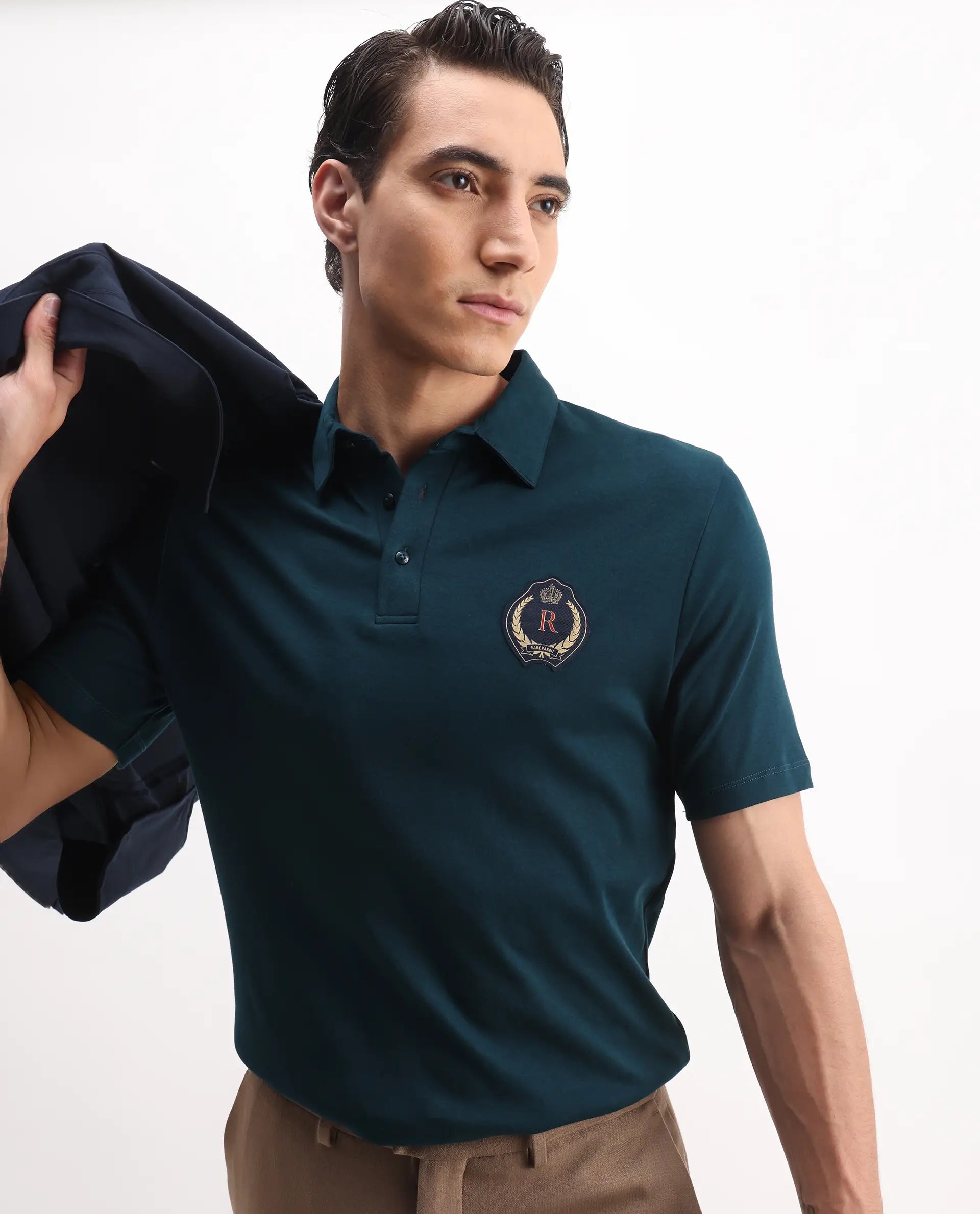 Rare Rabbit Men's Ritz Dark Green Cotton Plain Regular Fit Half Sleeve Polo