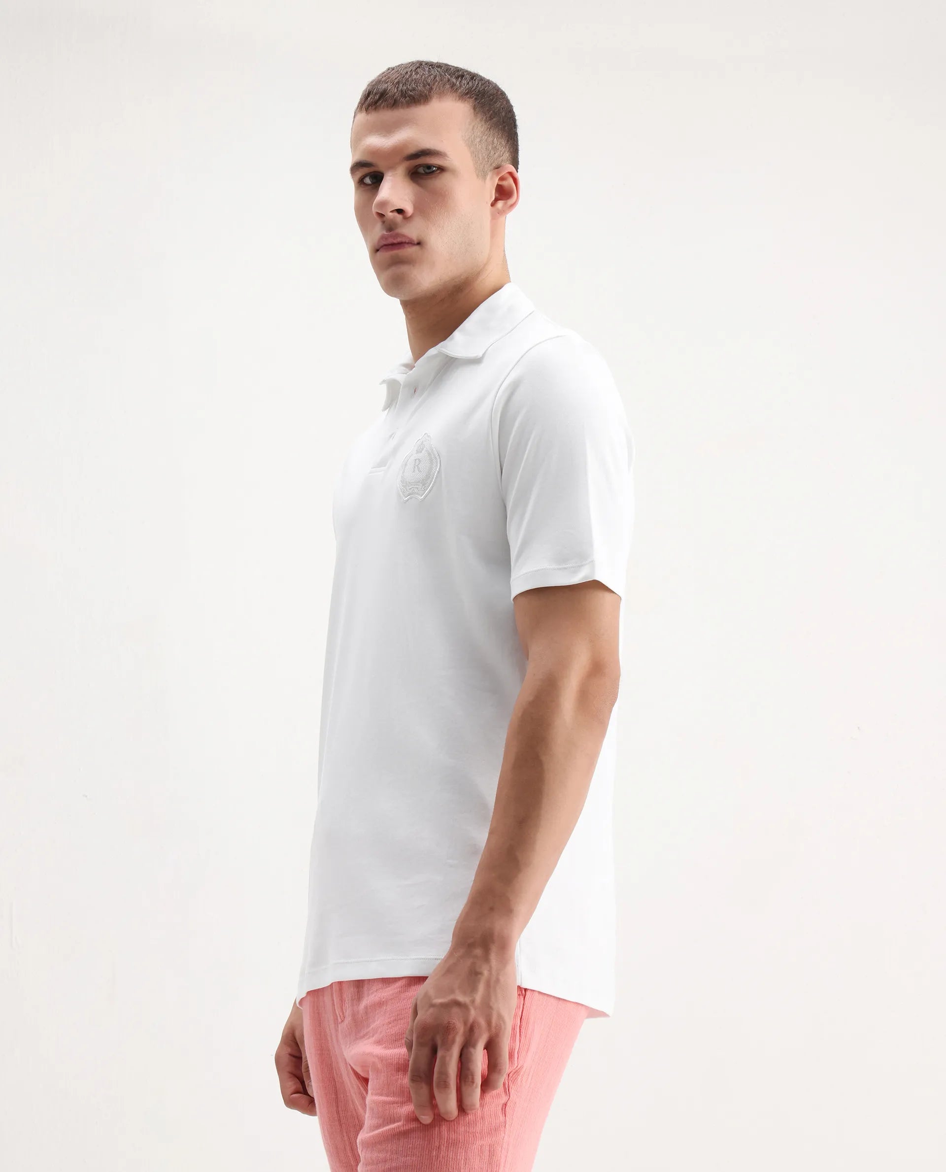 Rare Rabbit Men's Ritz White Cotton Plain Regular Fit Half Sleeve Polo