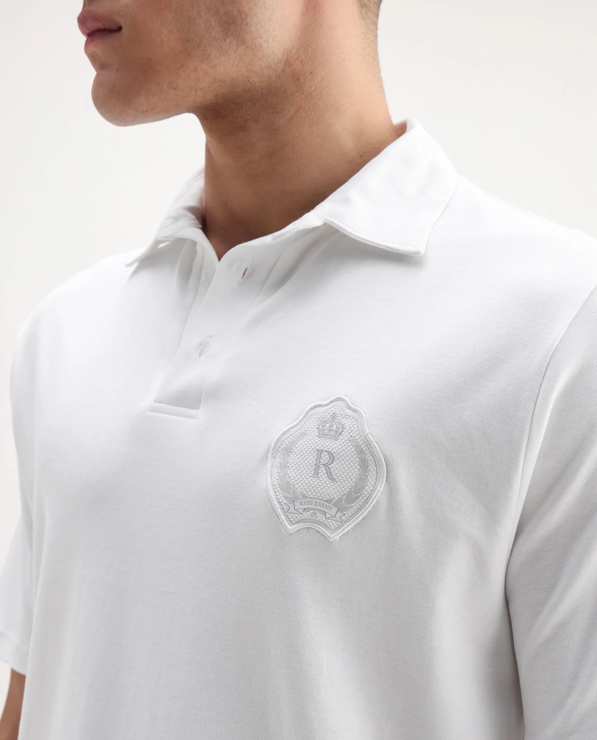 Rare Rabbit Men's Ritz White Cotton Plain Regular Fit Half Sleeve Polo