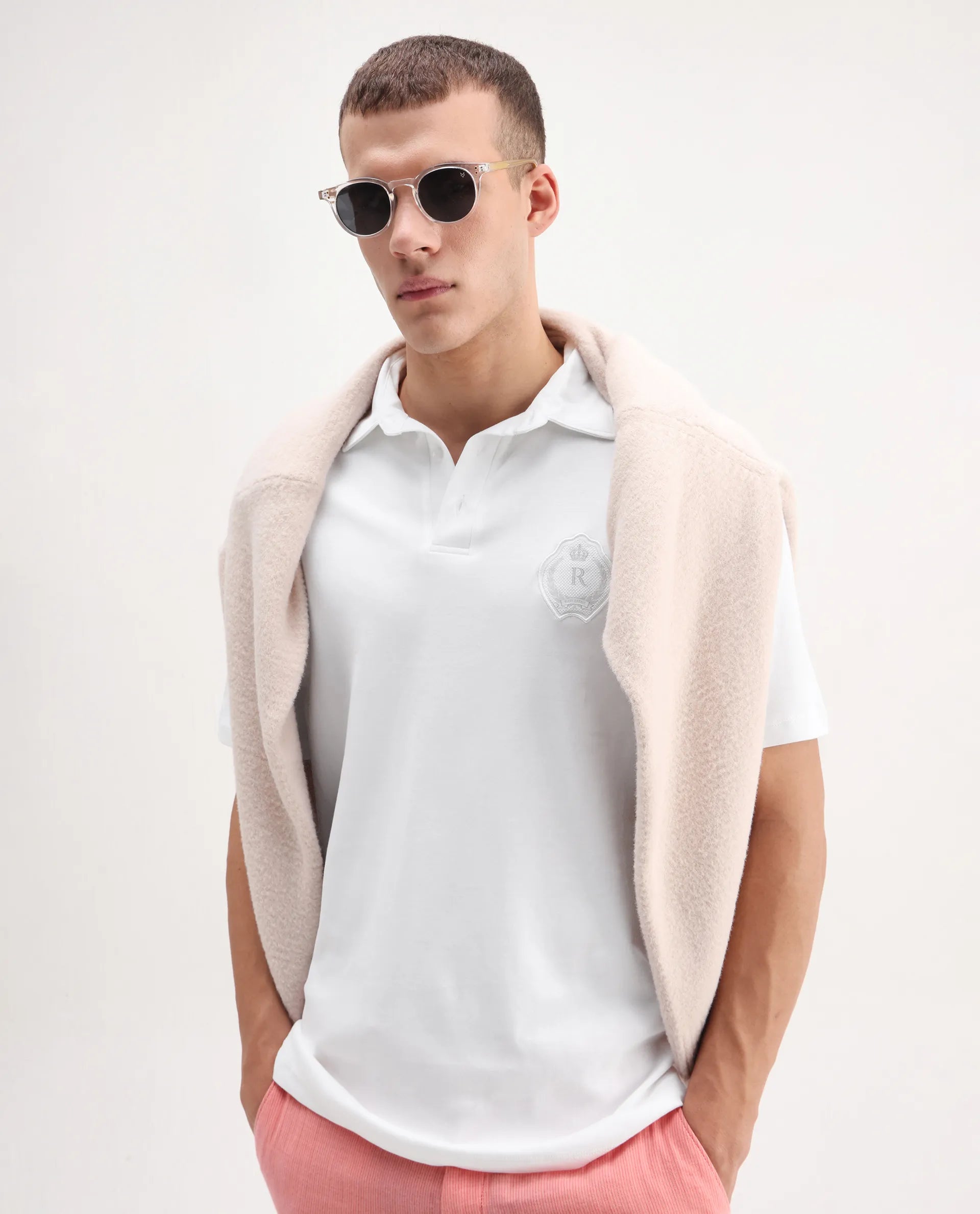 Rare Rabbit Men's Ritz White Cotton Plain Regular Fit Half Sleeve Polo