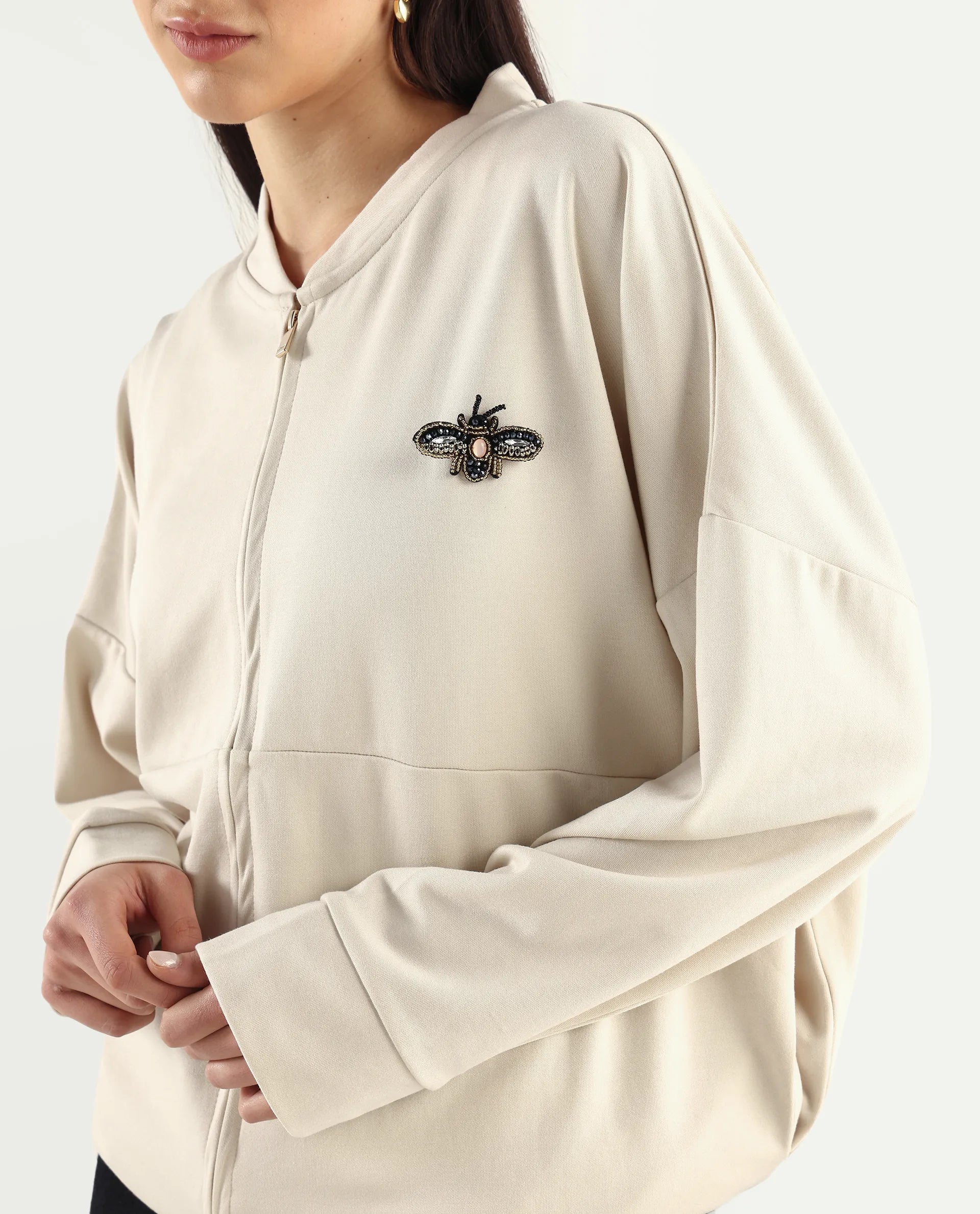 Rareism Women's Rize Off White Modal Blend Ribbed Collar Plain Relaxed Fit Sweatshirt