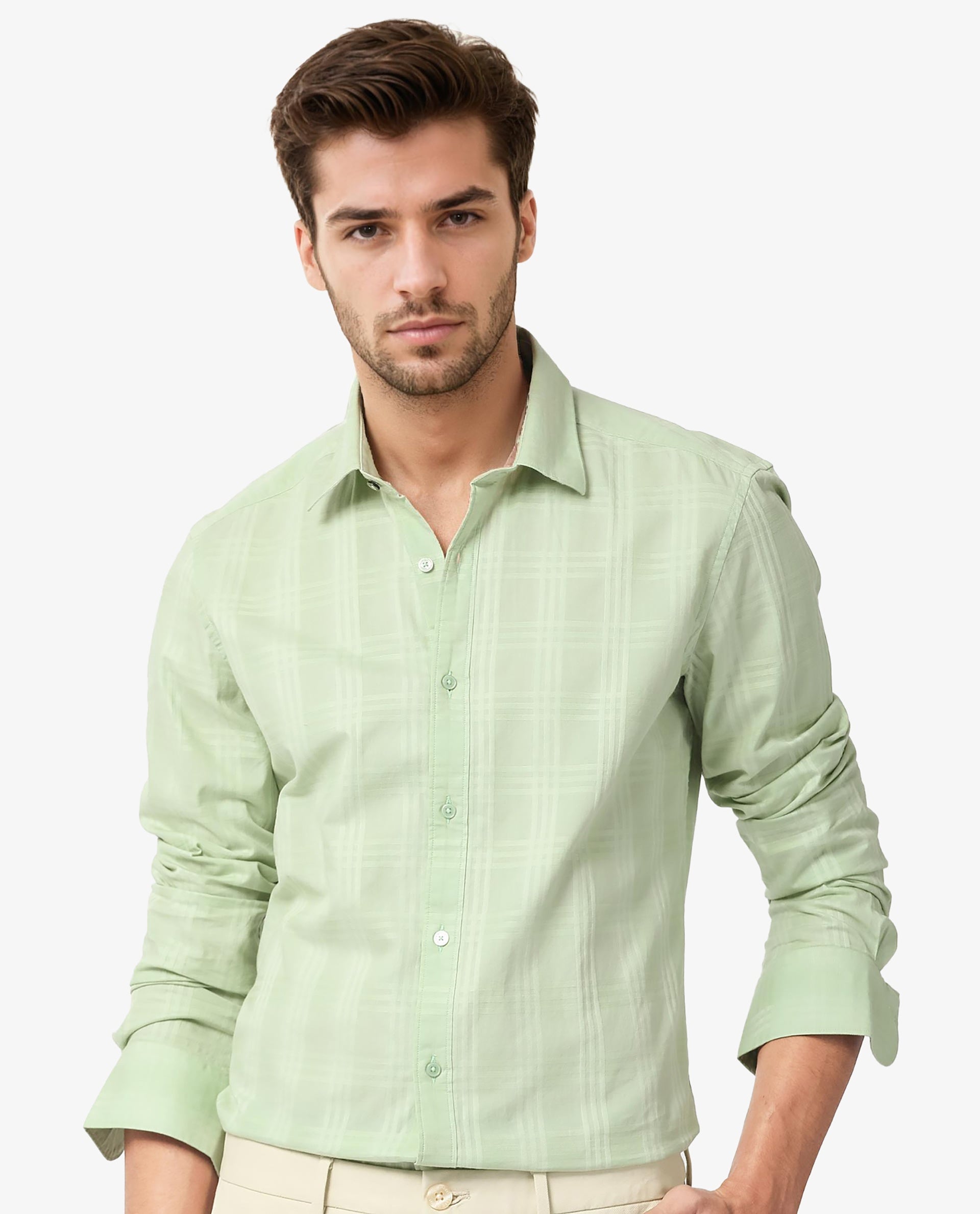Rare Rabbit Men's Roar Pastel Green Cotton Fabric Full Sleeves Checks Shirt