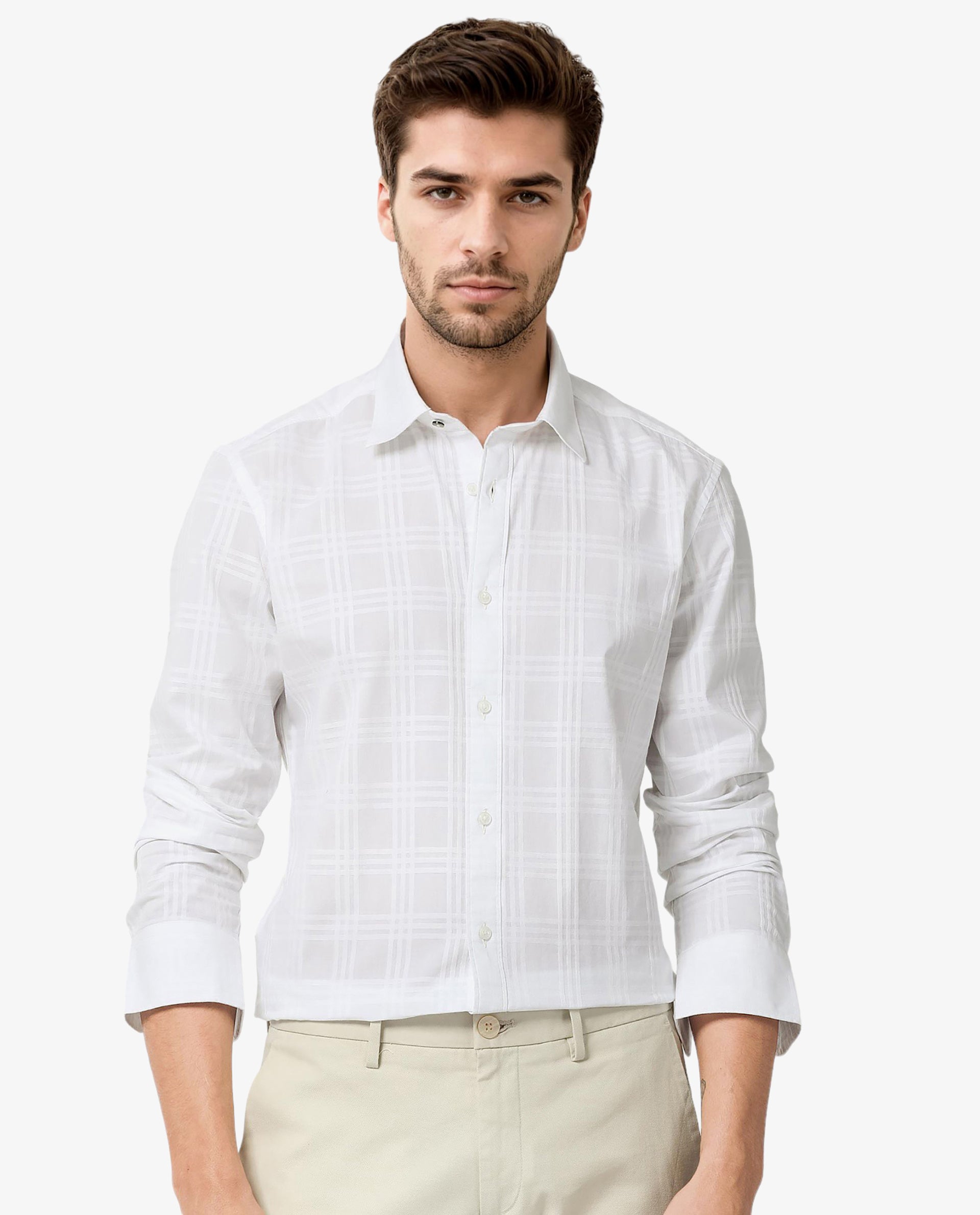 Rare Rabbit Men's Roar White Cotton Fabric Full Sleeves Checks Shirt