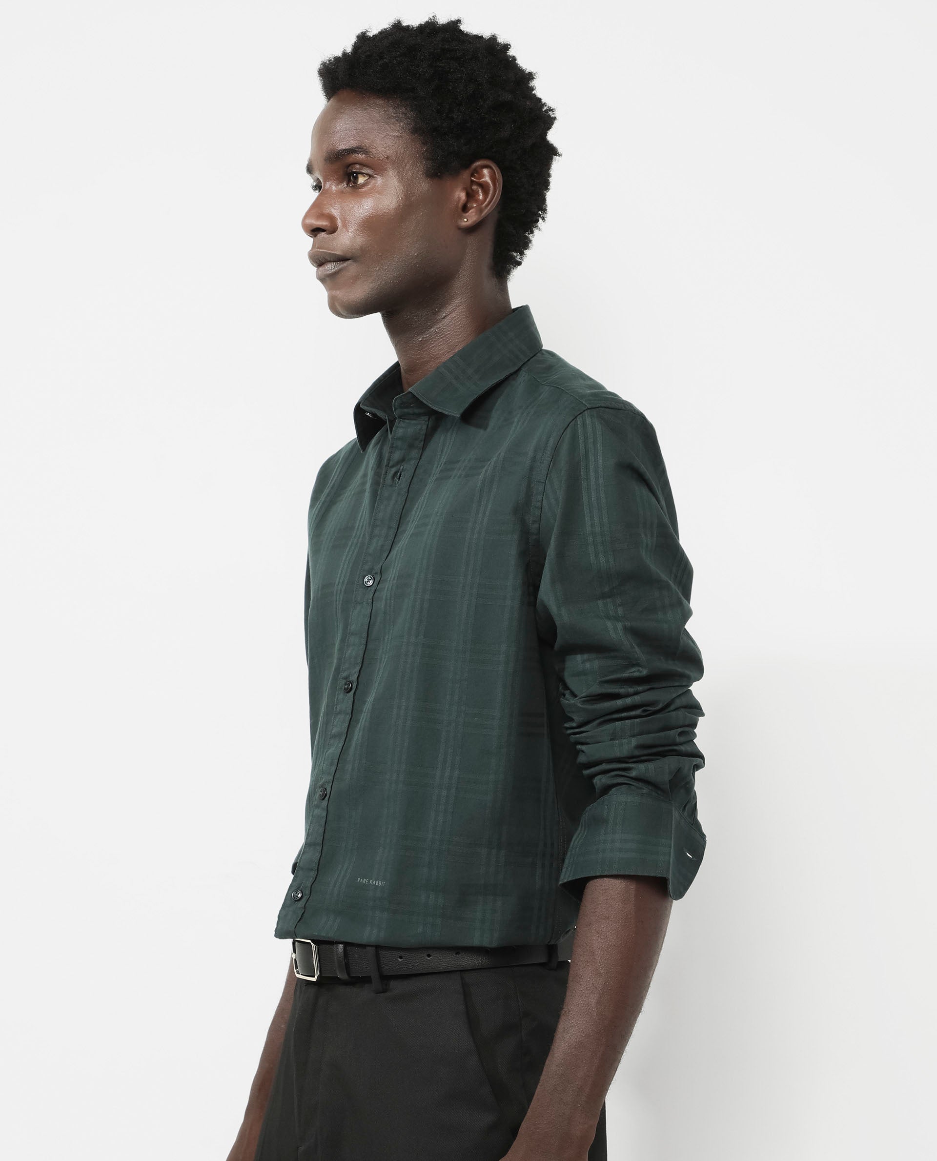Rare Rabbit Men's Roar Dark Green Cotton Fabric Full Sleeves Collared Neck Checks Shirt