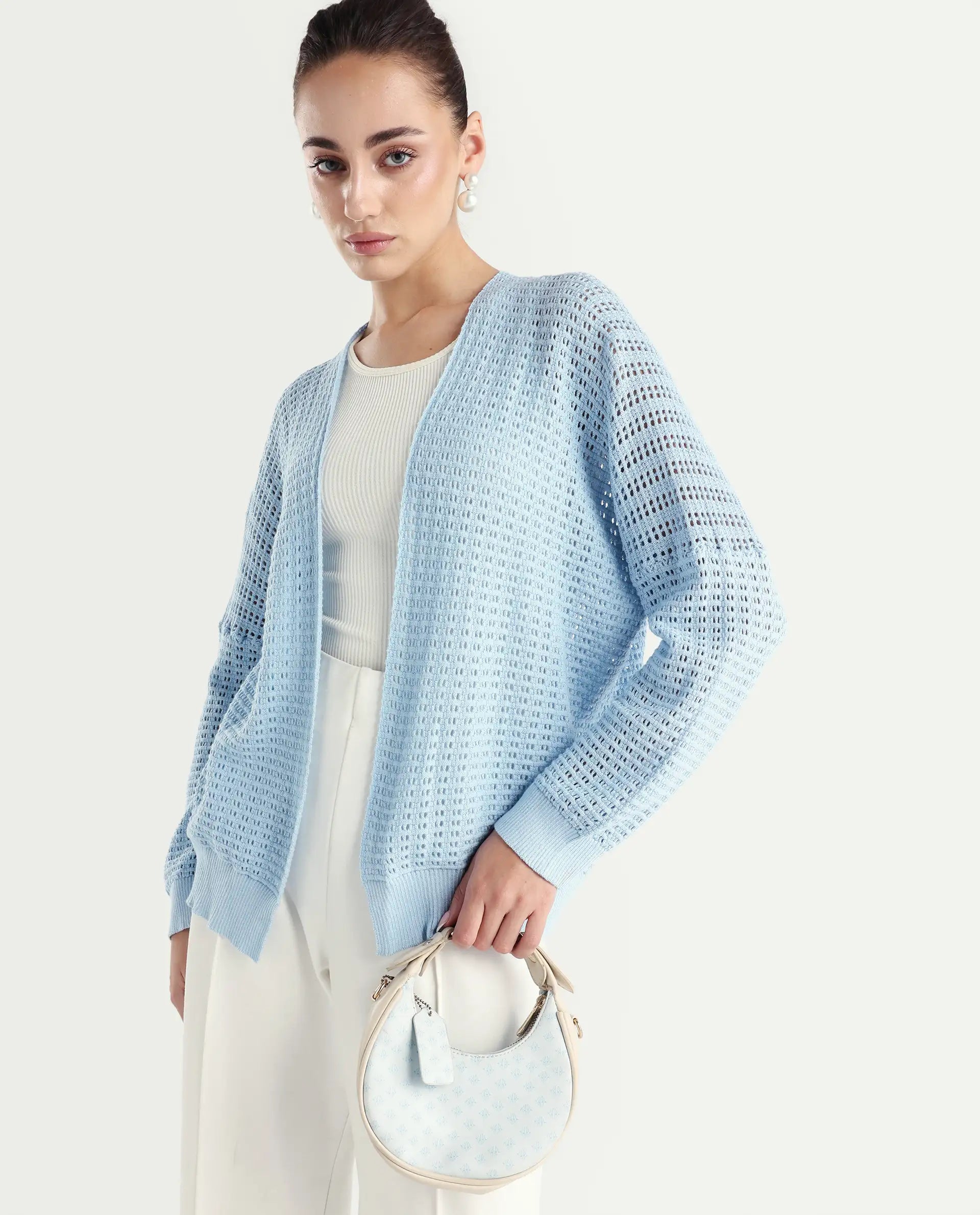 Rareism Women's Roba Light Blue Cotton Plain Relaxed Fit Shrug