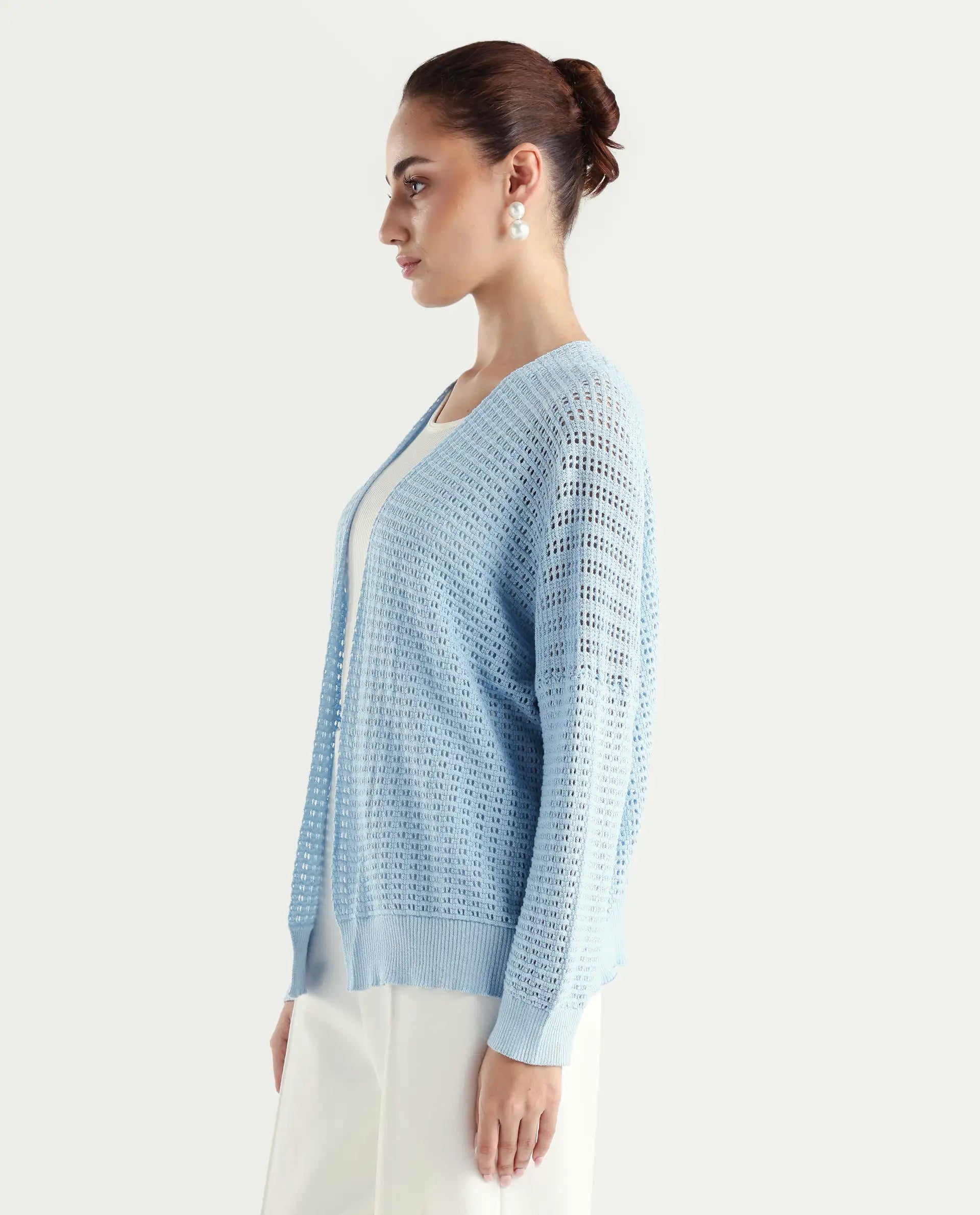 Rareism Women's Roba Light Blue Cotton Plain Relaxed Fit Shrug