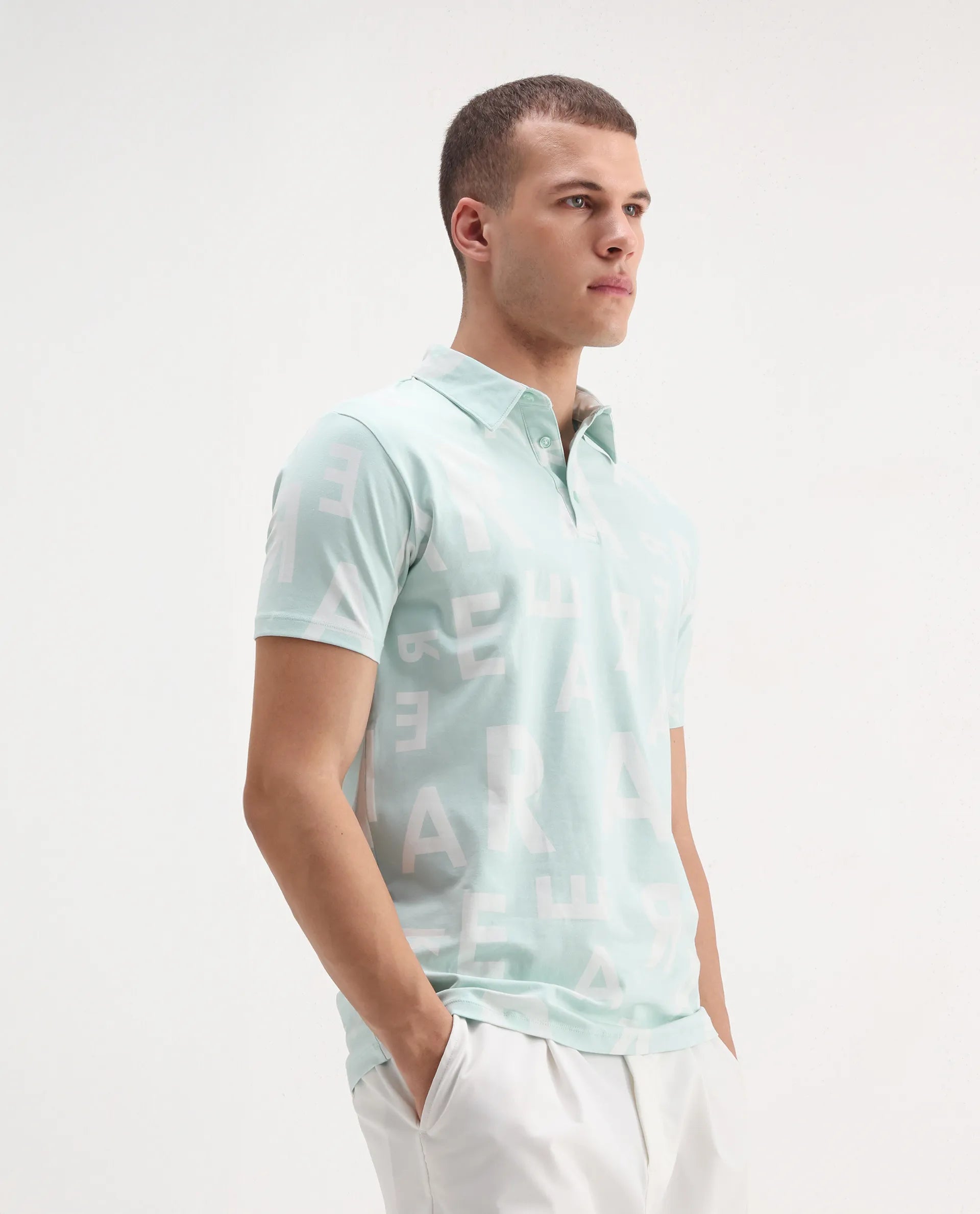 Rare Rabbit Men's Rocha Light Turq Cotton Monogram Print Regular Fit Half Sleeve Polo