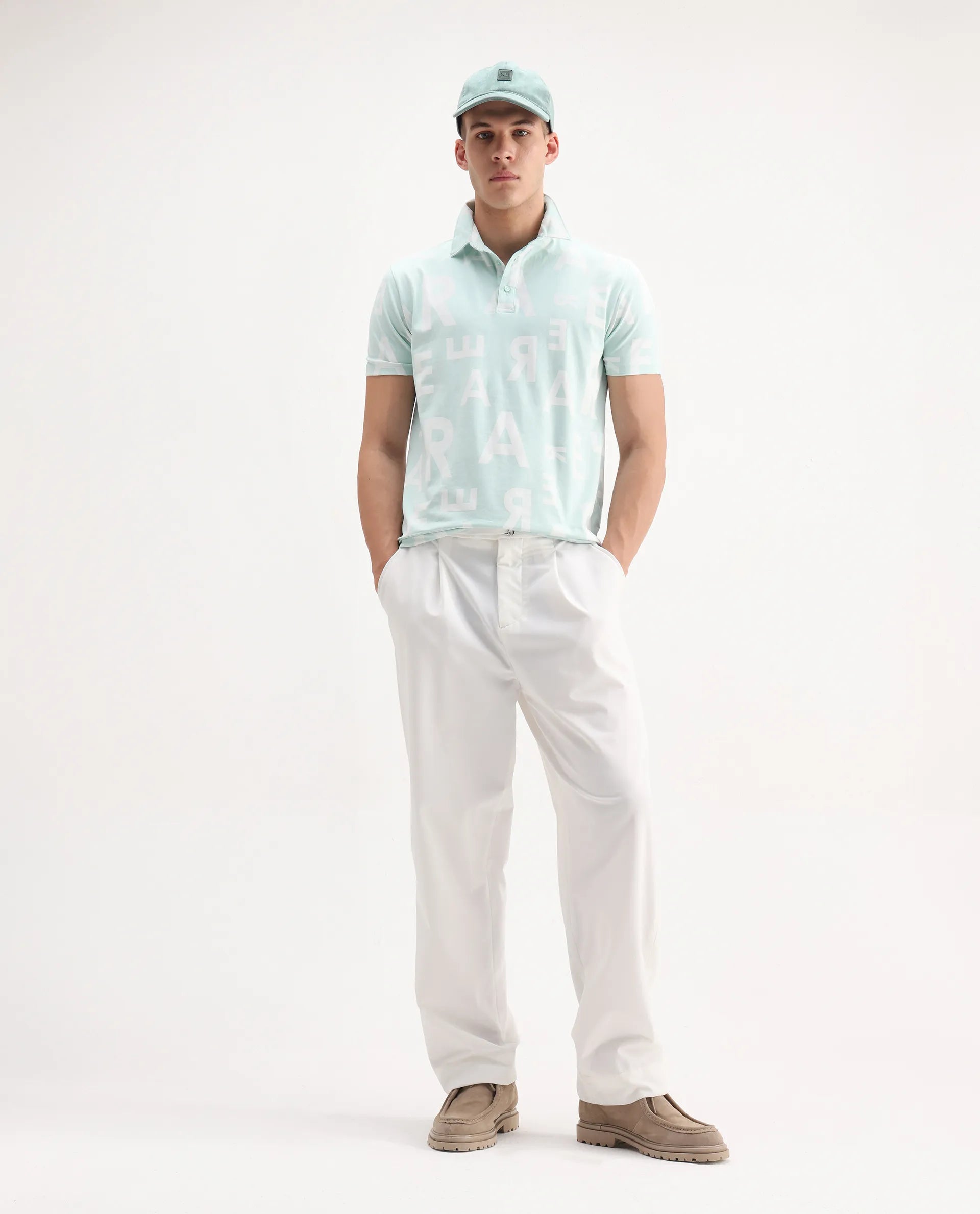 Rare Rabbit Men's Rocha Light Turq Cotton Monogram Print Regular Fit Half Sleeve Polo