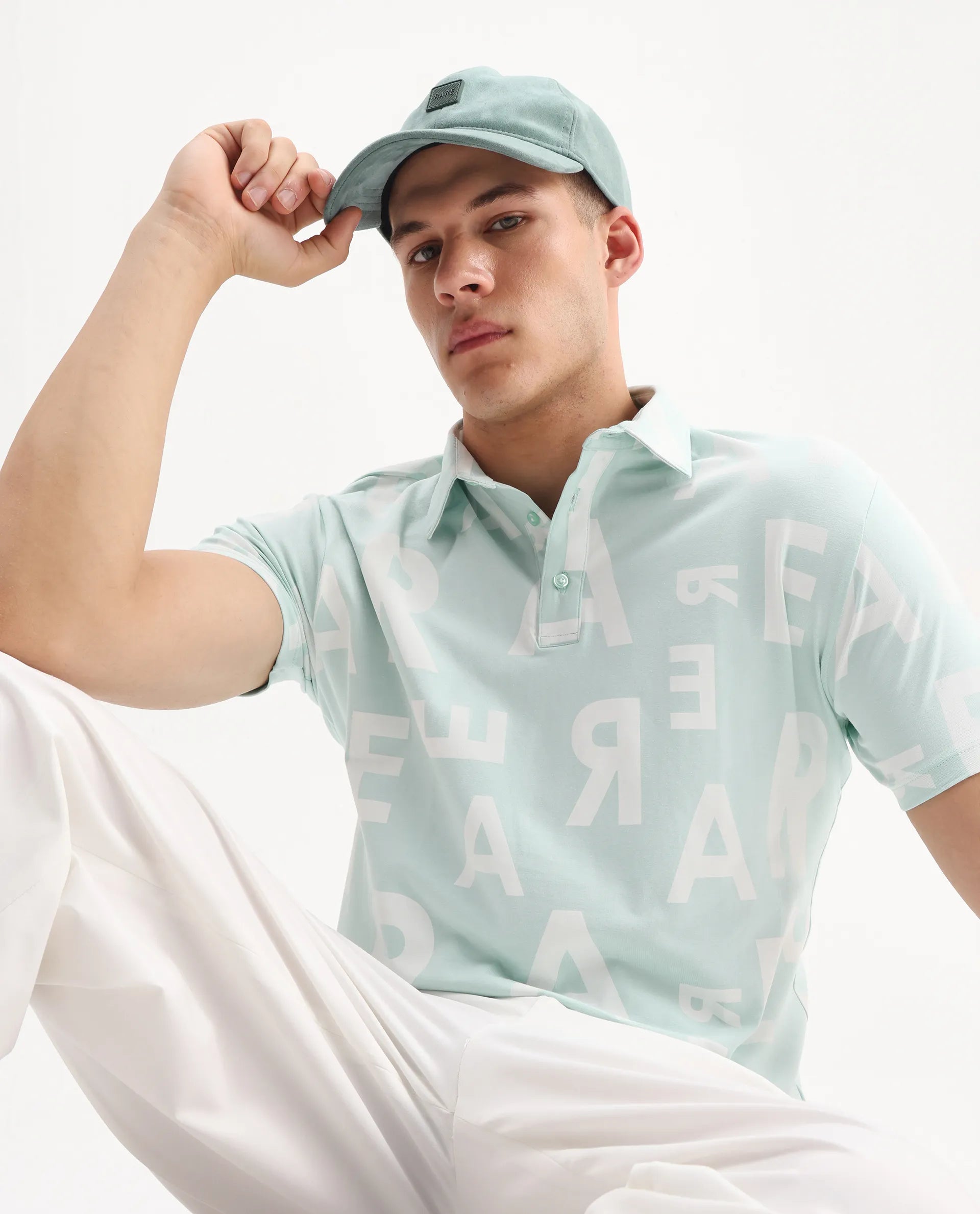 Rare Rabbit Men's Rocha Light Turq Cotton Monogram Print Regular Fit Half Sleeve Polo