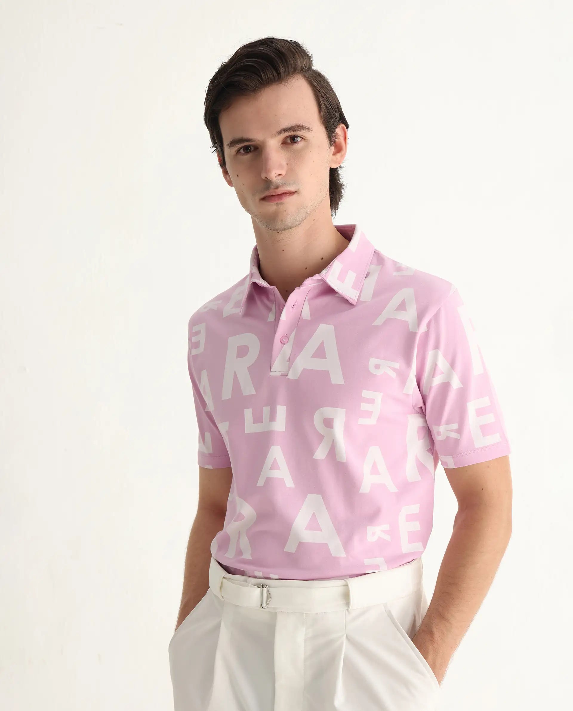 Rare Rabbit Men's Rocha Pastel Purple Cotton Monogram Print Regular Fit Half Sleeve Polo