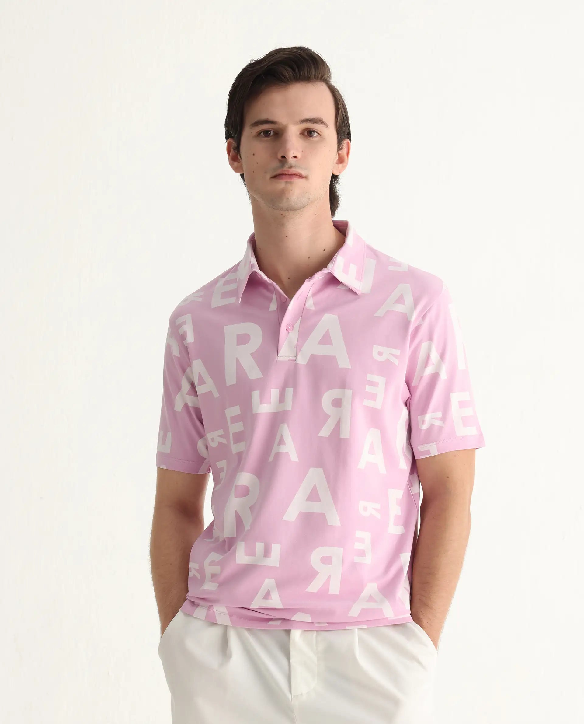 Rare Rabbit Men's Rocha Pastel Purple Cotton Monogram Print Regular Fit Half Sleeve Polo
