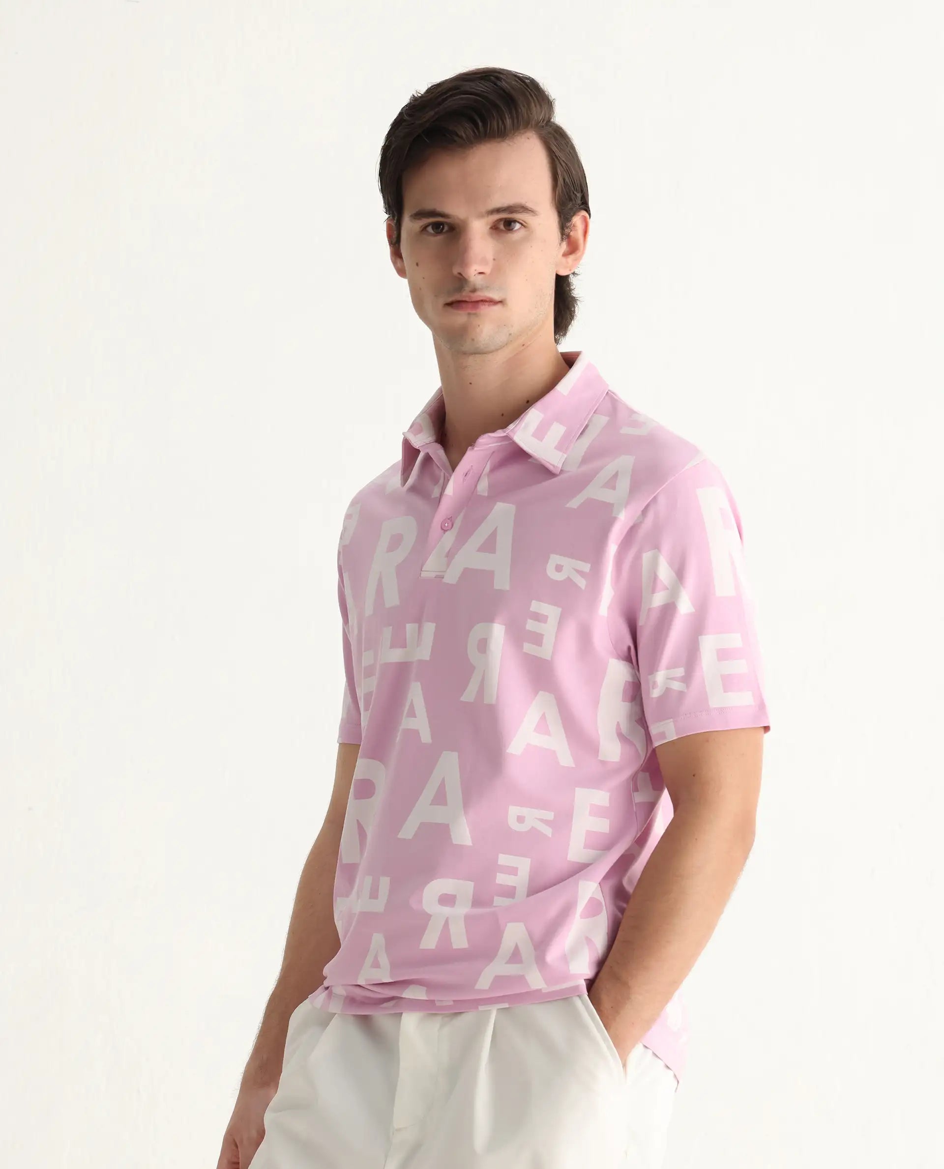 Rare Rabbit Men's Rocha Pastel Purple Cotton Monogram Print Regular Fit Half Sleeve Polo