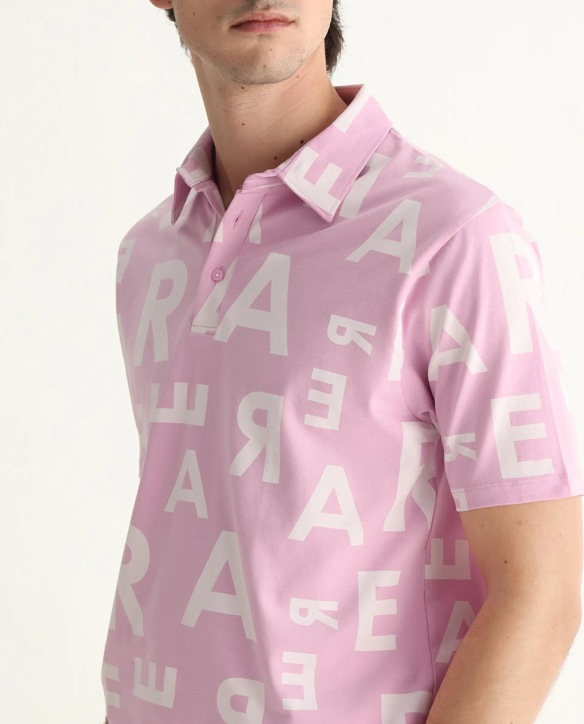 Rare Rabbit Men's Rocha Pastel Purple Cotton Monogram Print Regular Fit Half Sleeve Polo