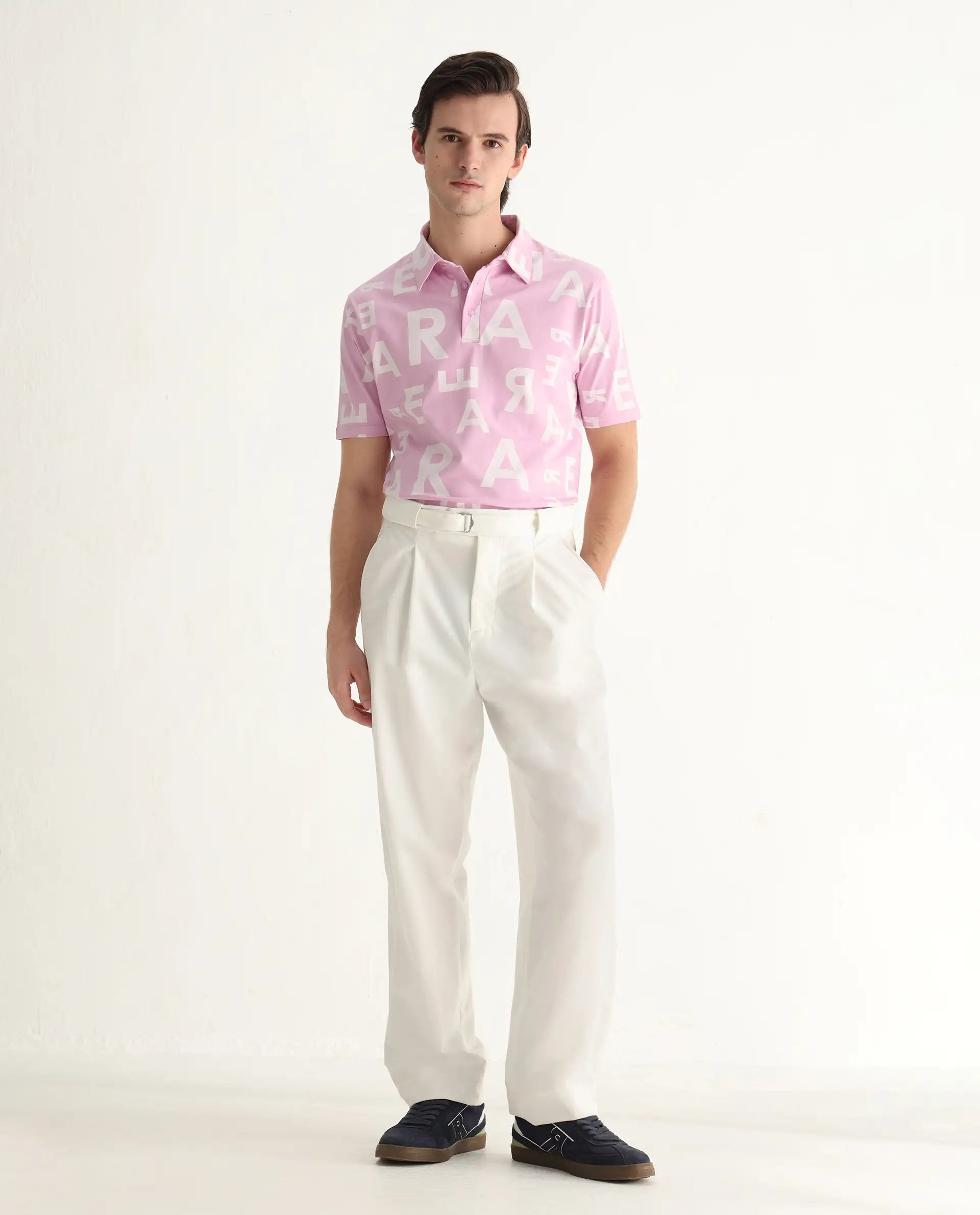 Rare Rabbit Men's Rocha Pastel Purple Cotton Monogram Print Regular Fit Half Sleeve Polo