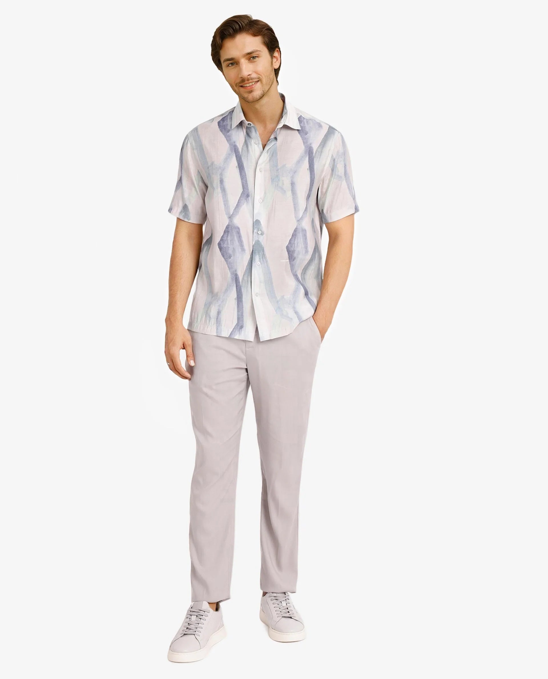 Rare Rabbit Men Rogue Pastel Pink Short Sleeve Regular Collar Button Closure Regular Fit Abstract Print Shirt