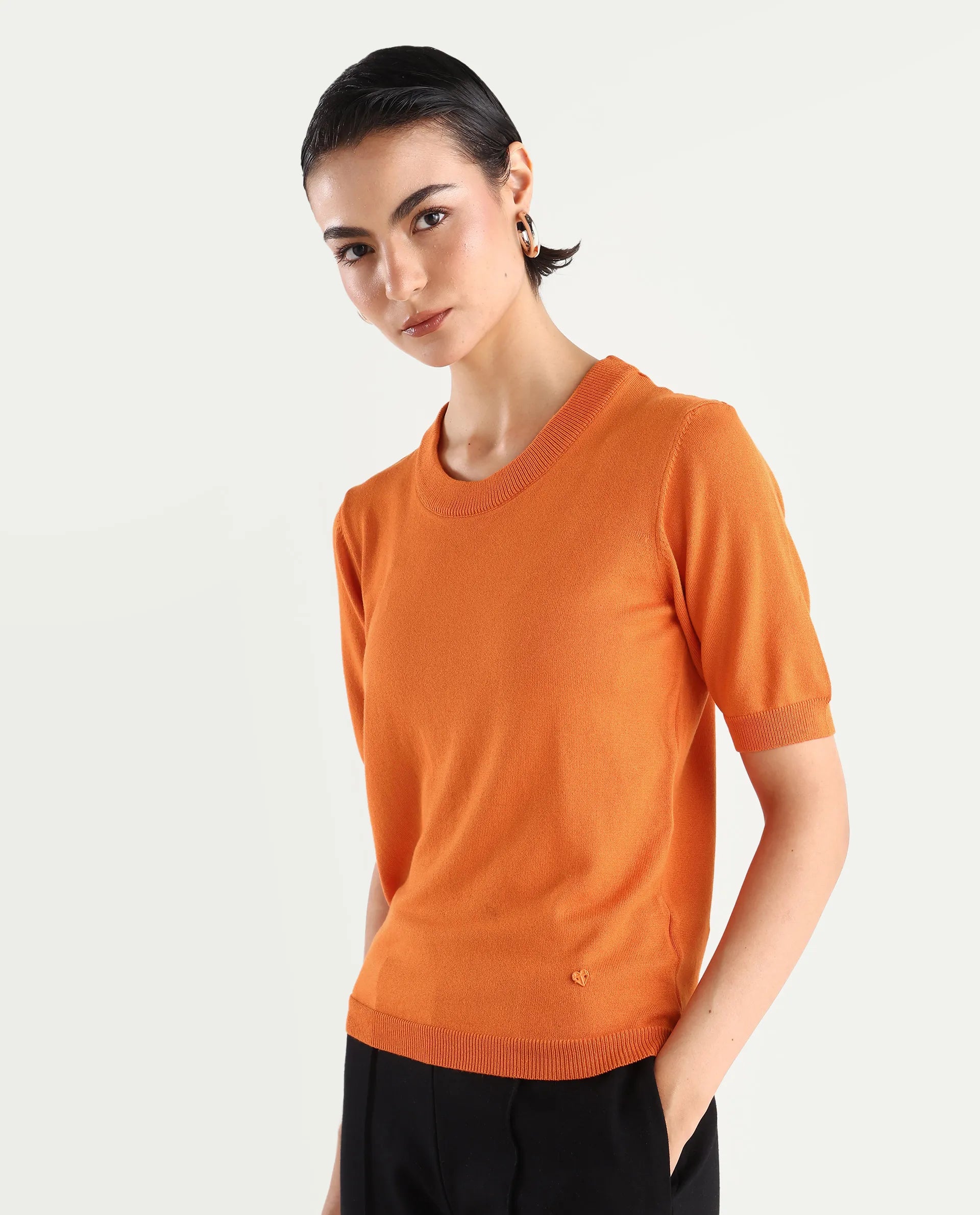 Rareism Women's Rohrdo Orange Cotton Blend Crew Neck Plain Regular Fit Sweater