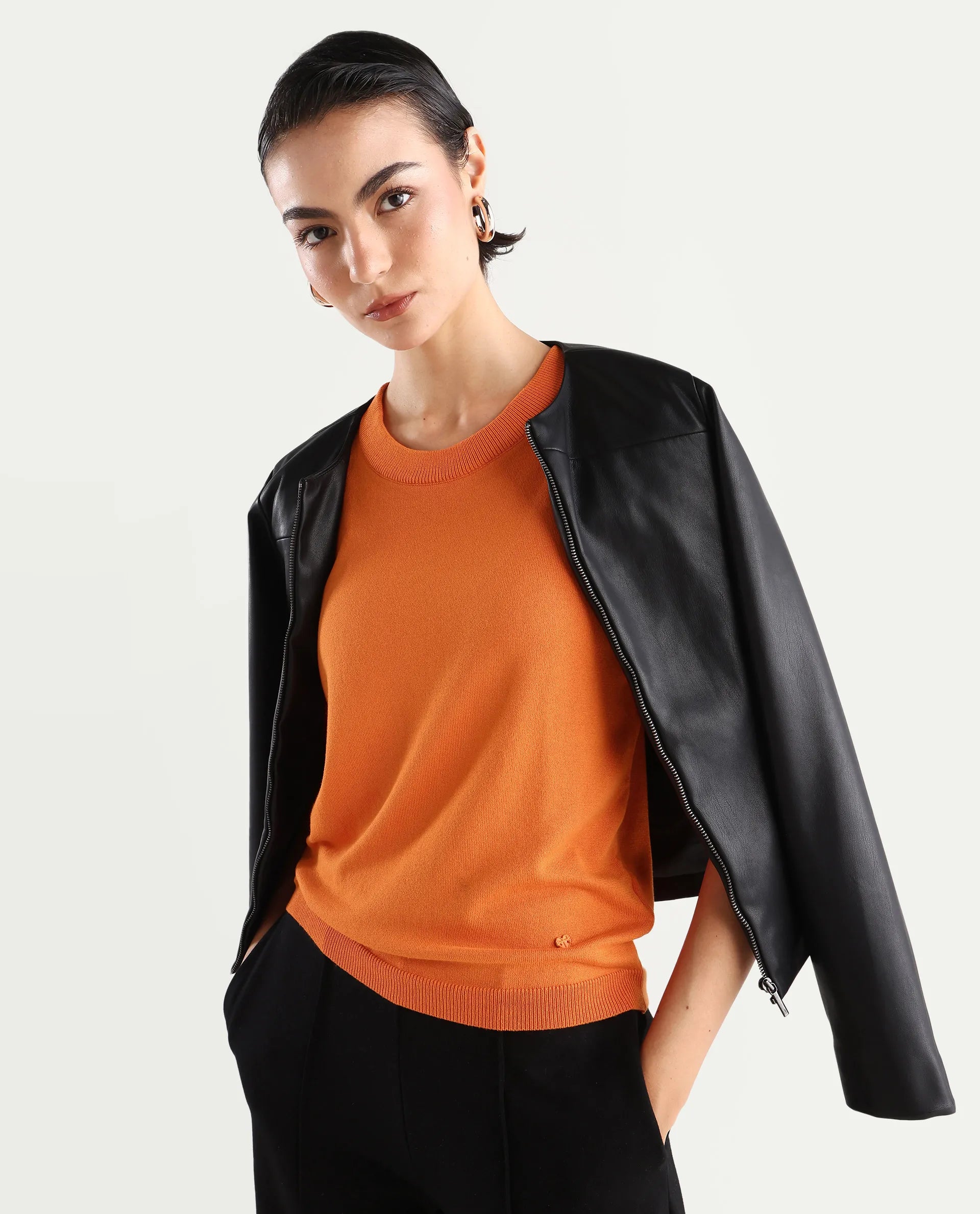 Rareism Women's Rohrdo Orange Cotton Blend Crew Neck Plain Regular Fit Sweater