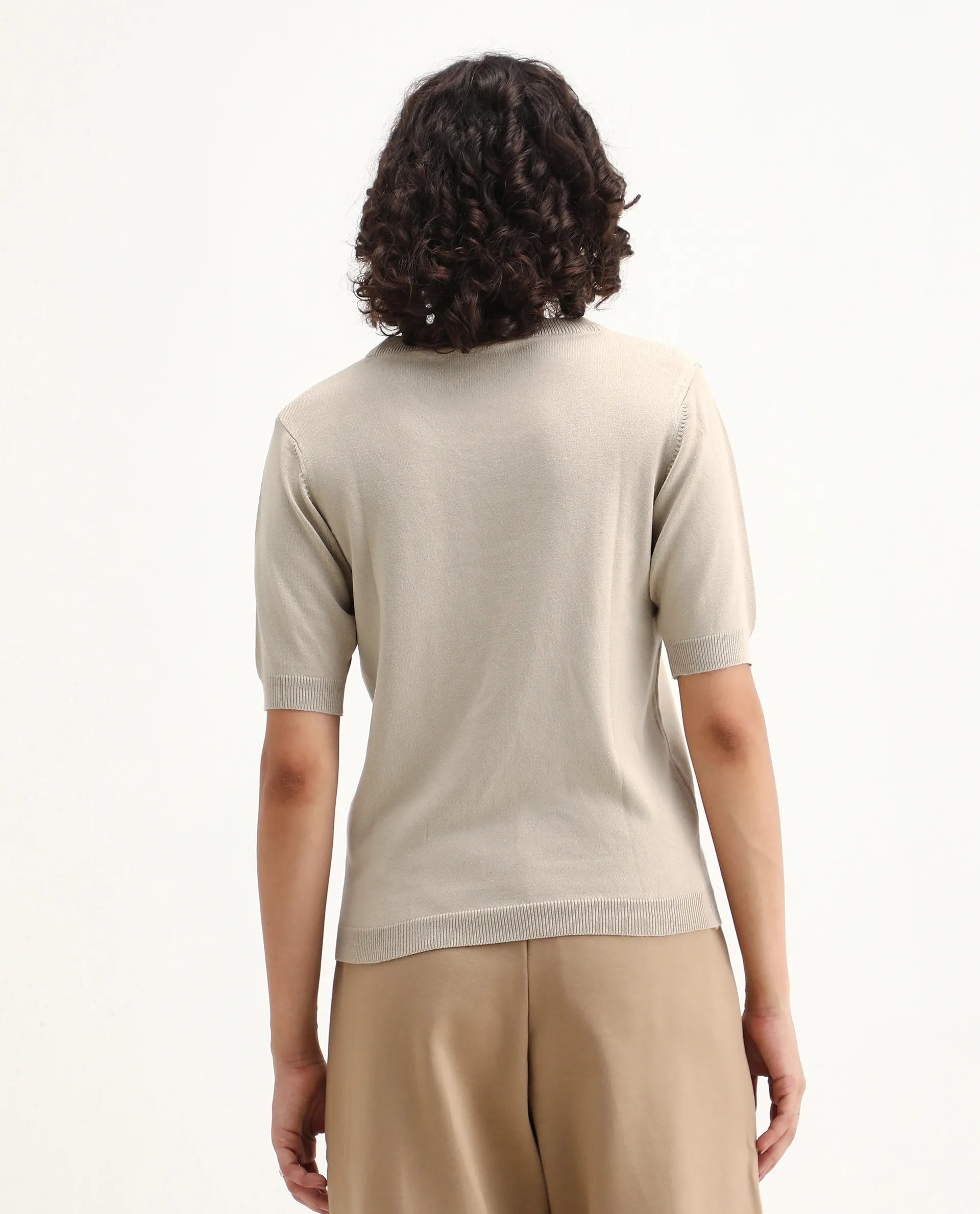 Rareism Women's Rohrdo Light Beige Viscose Blend Crew Neck Regular Fit Plain Top