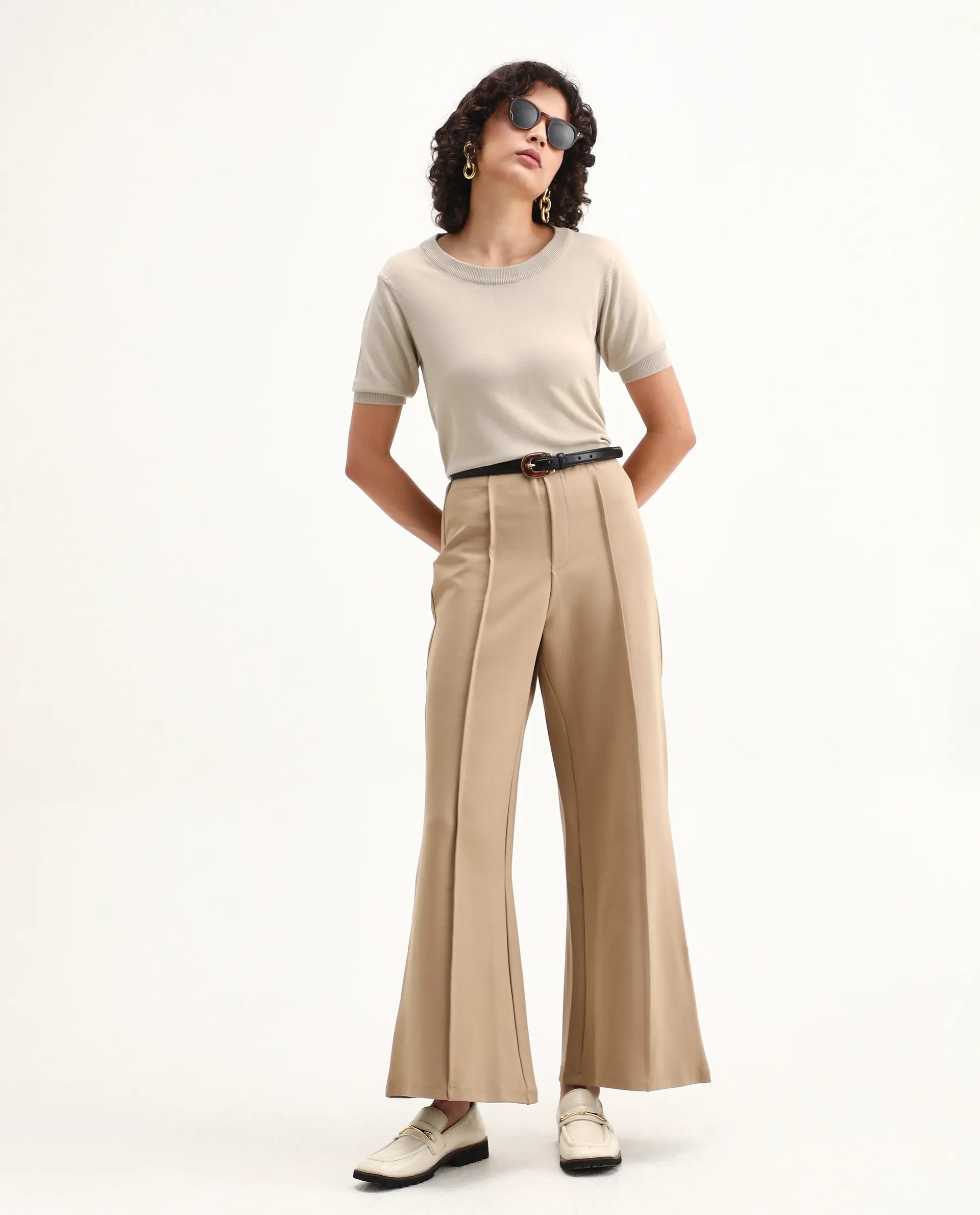 Rareism Women's Rohrdo Light Beige Viscose Blend Crew Neck Regular Fit Plain Top