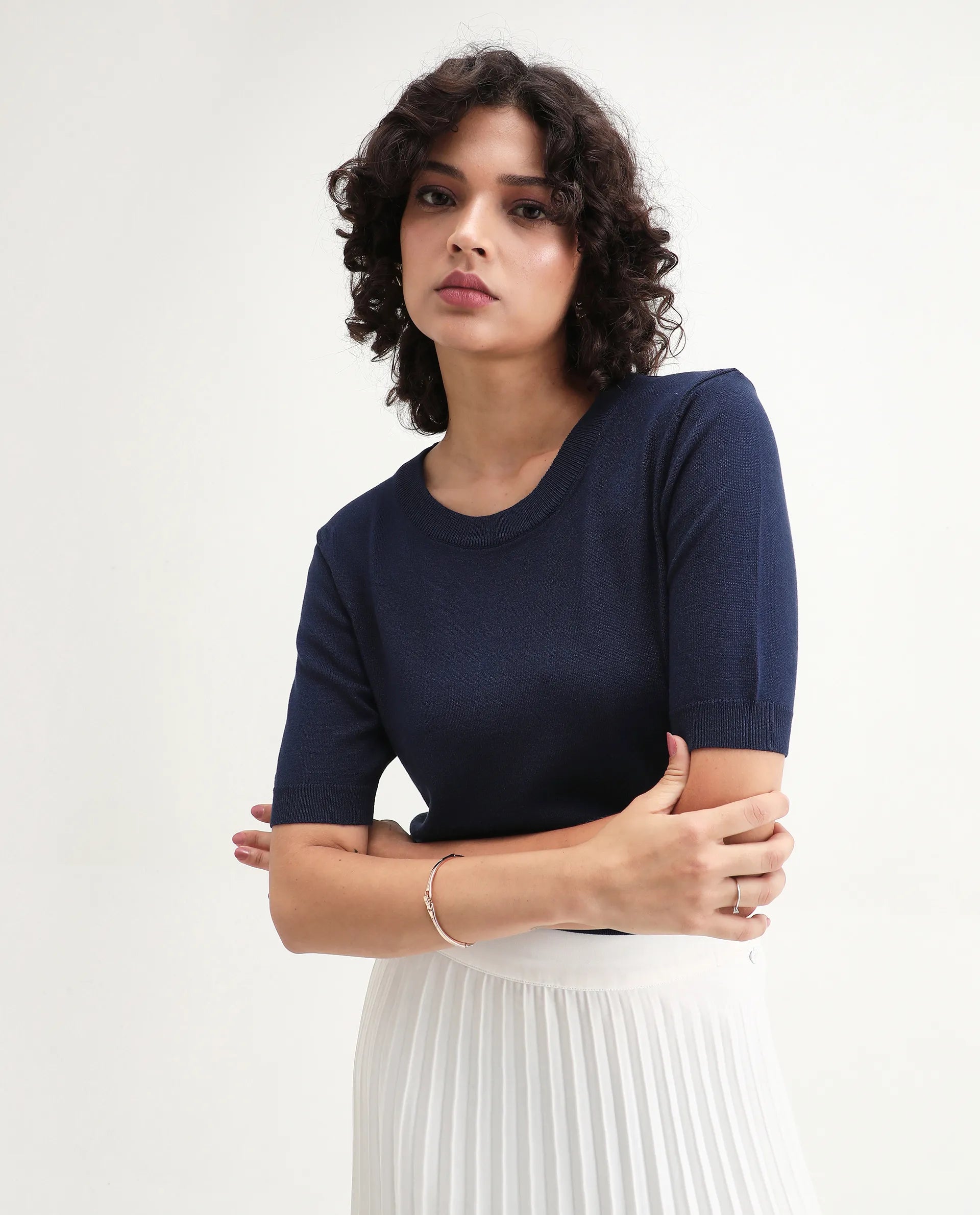 Rareism Women's Rohrdo Dark Navy Viscose Blend Crew Neck Regular Fit Plain Top