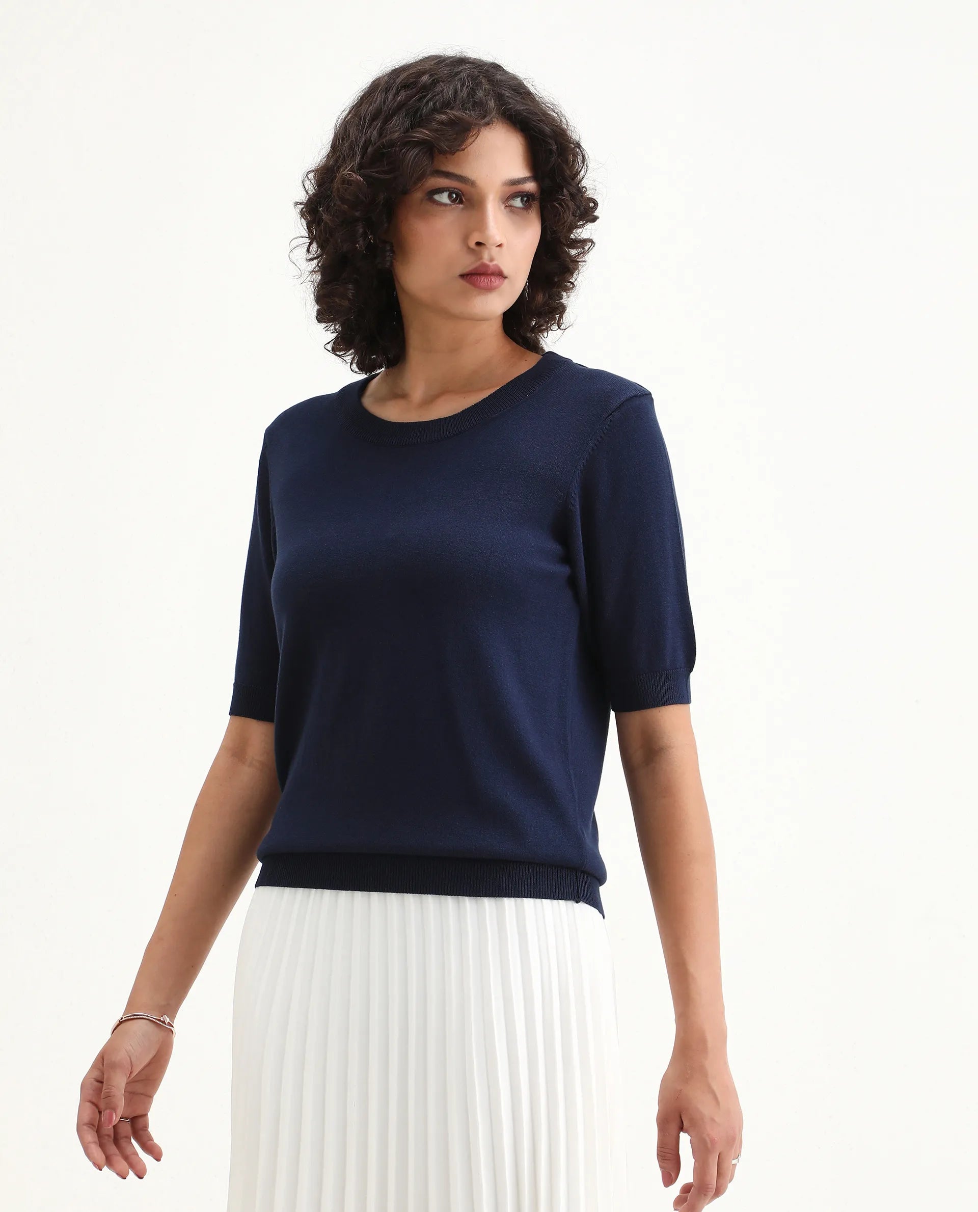 Rareism Women's Rohrdo Dark Navy Viscose Blend Crew Neck Regular Fit Plain Top