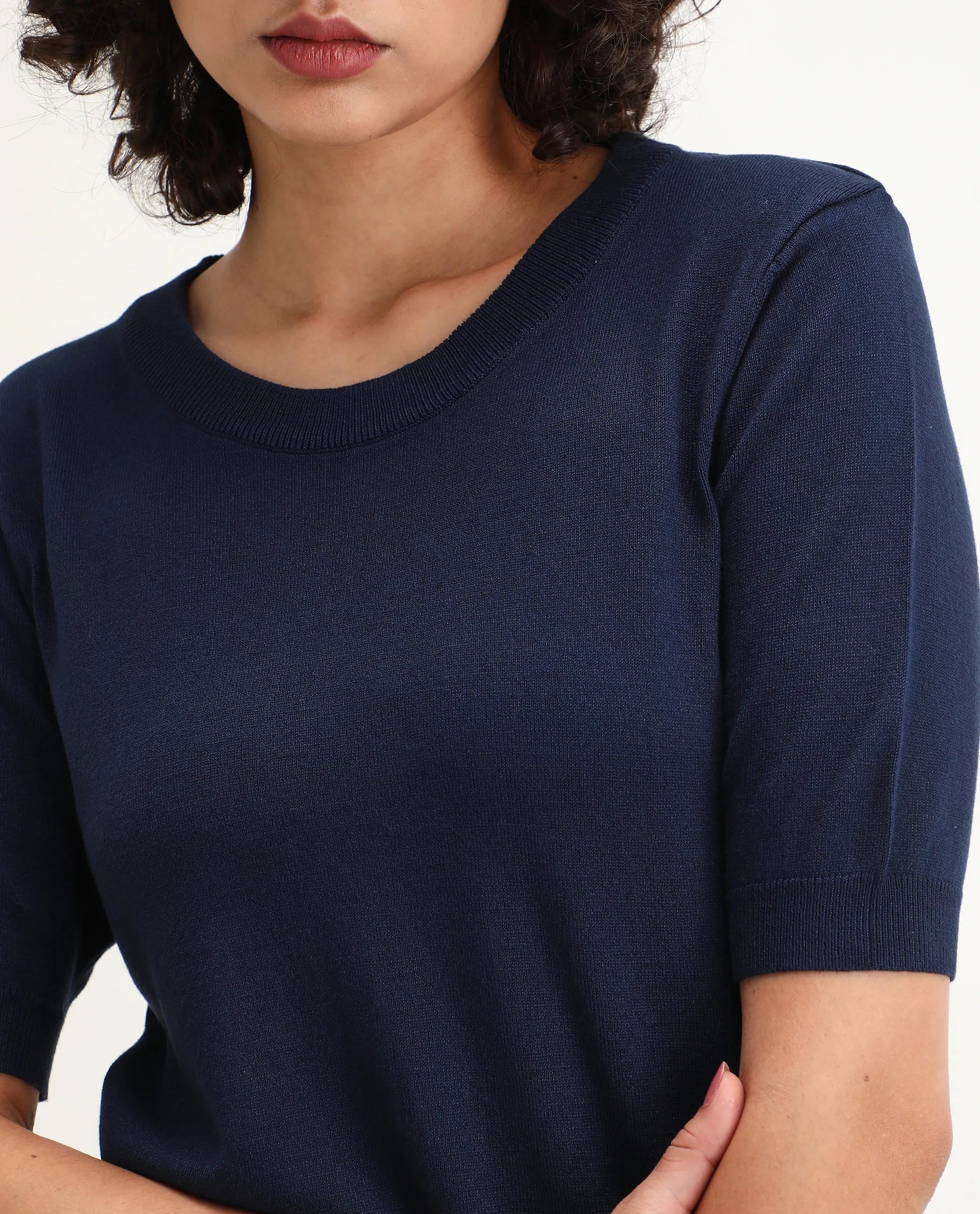 Rareism Women's Rohrdo Dark Navy Viscose Blend Crew Neck Regular Fit Plain Top