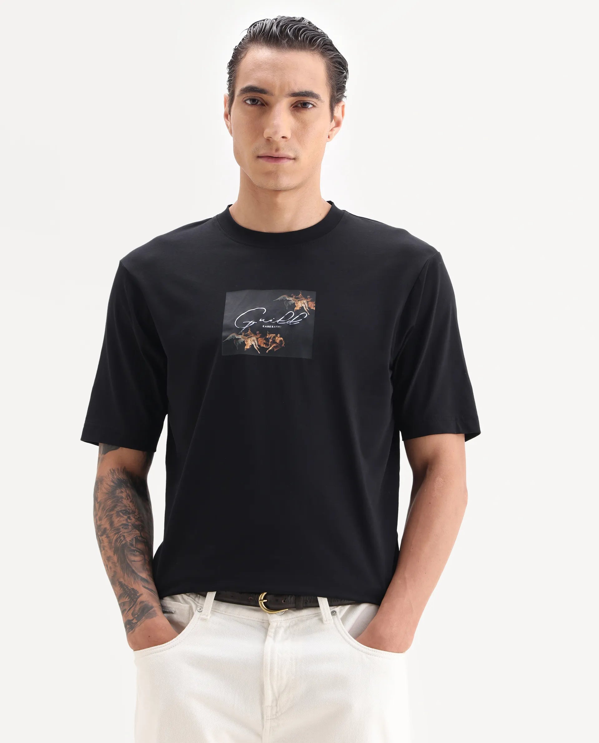 Rare Rabbit Men's Rom Black Cotton Blend Fabric Half Sleeve Crew Neck Oversized Fit Graphic Print T-Shirt
