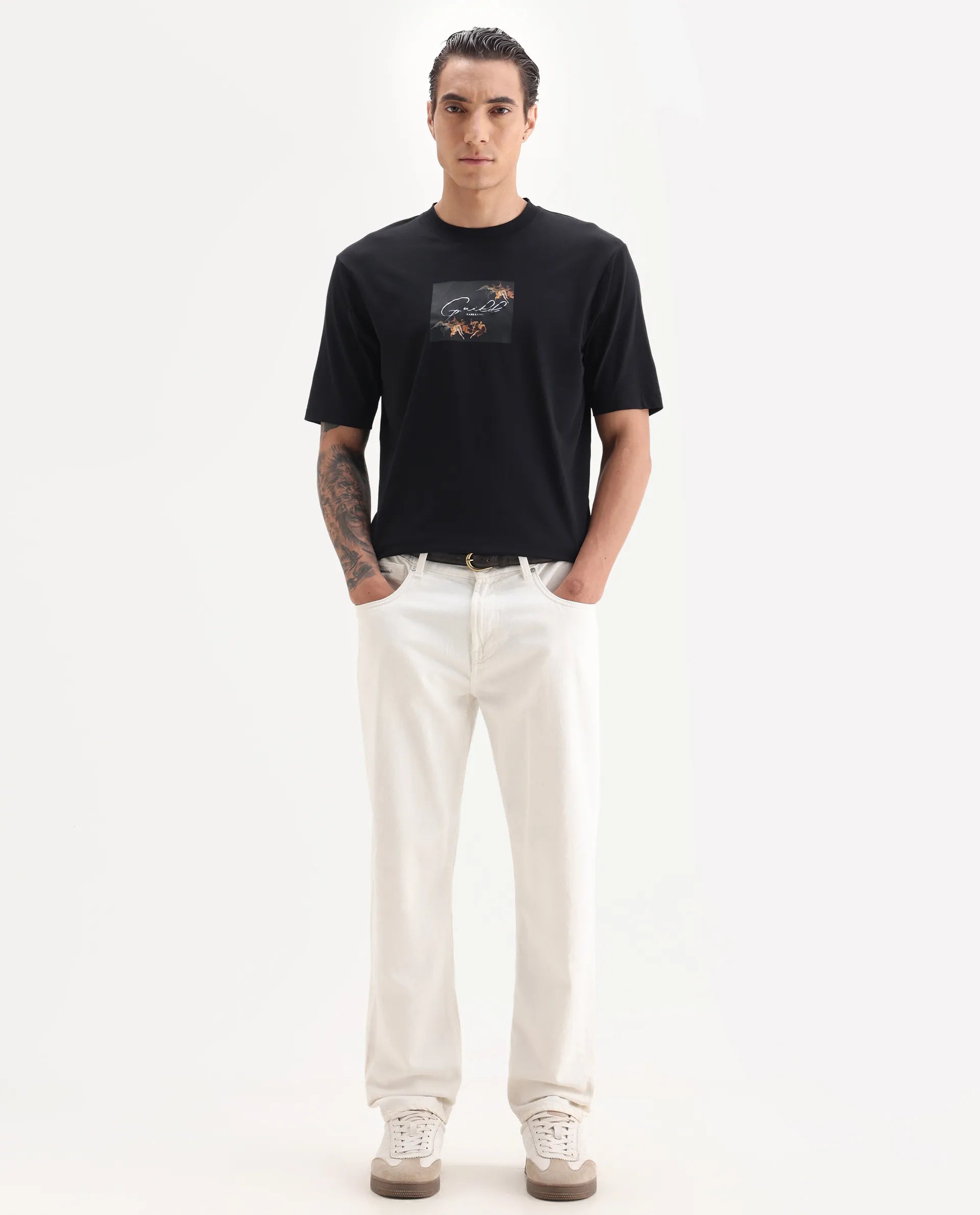 Rare Rabbit Men's Rom Black Cotton Blend Fabric Half Sleeve Crew Neck Oversized Fit Graphic Print T-Shirt