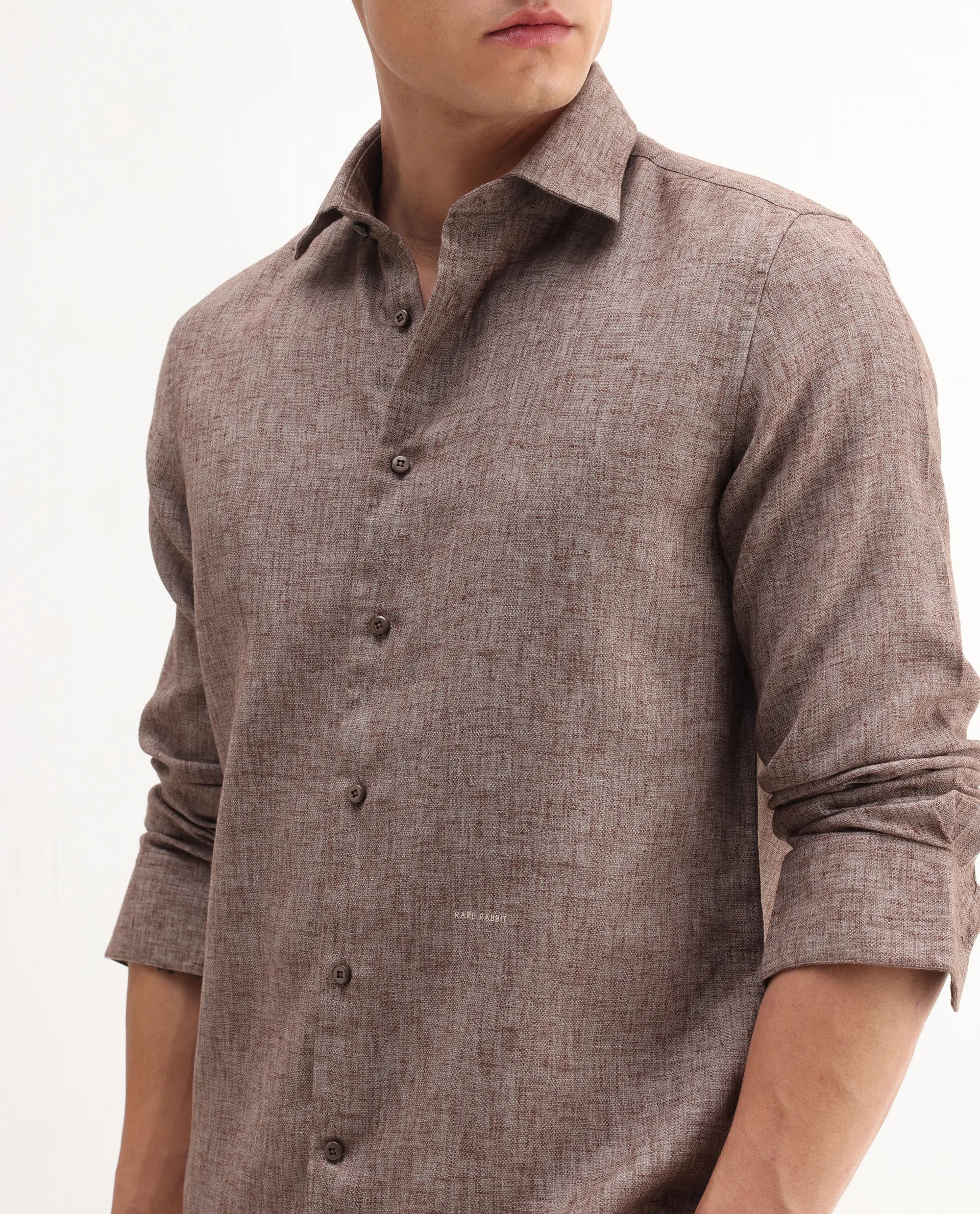 Rare Rabbit Men's Rome-Fs Dusky Brown Polyester Plain Regular Fit Full Sleeve Collared Shirt