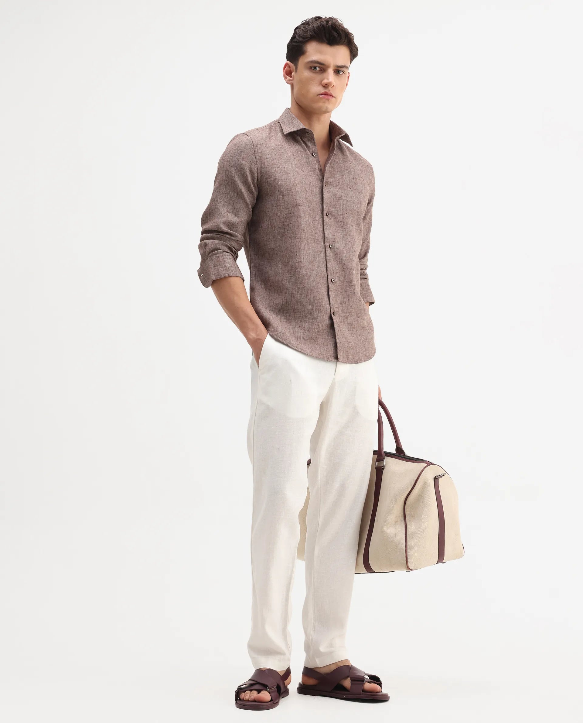 Rare Rabbit Men's Rome-Fs Dusky Brown Polyester Plain Regular Fit Full Sleeve Collared Shirt