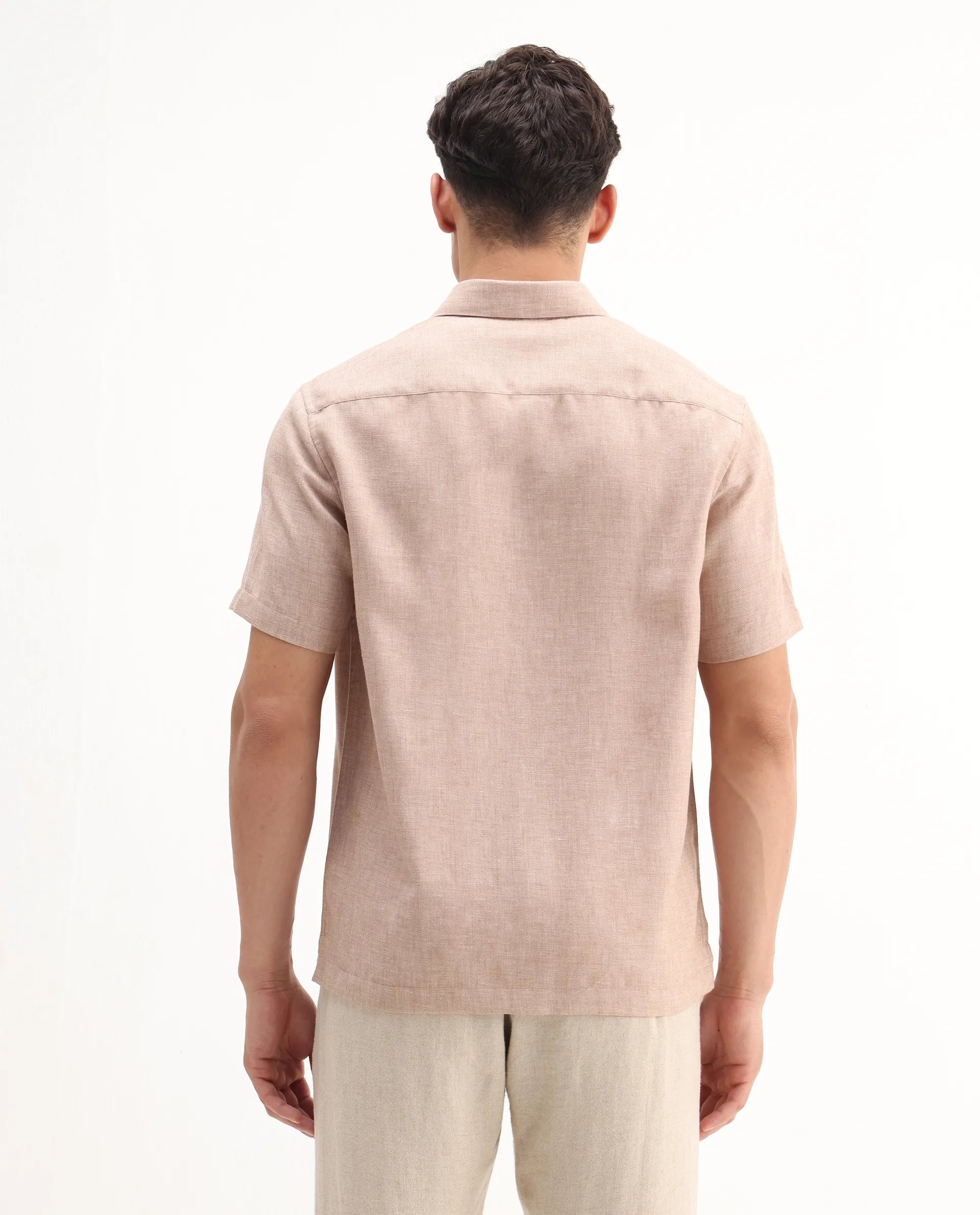 Rare Rabbit Men's Rome-Ss Dusky Rust Polyester Plain Regular Fit Half Sleeve Collared Shirt