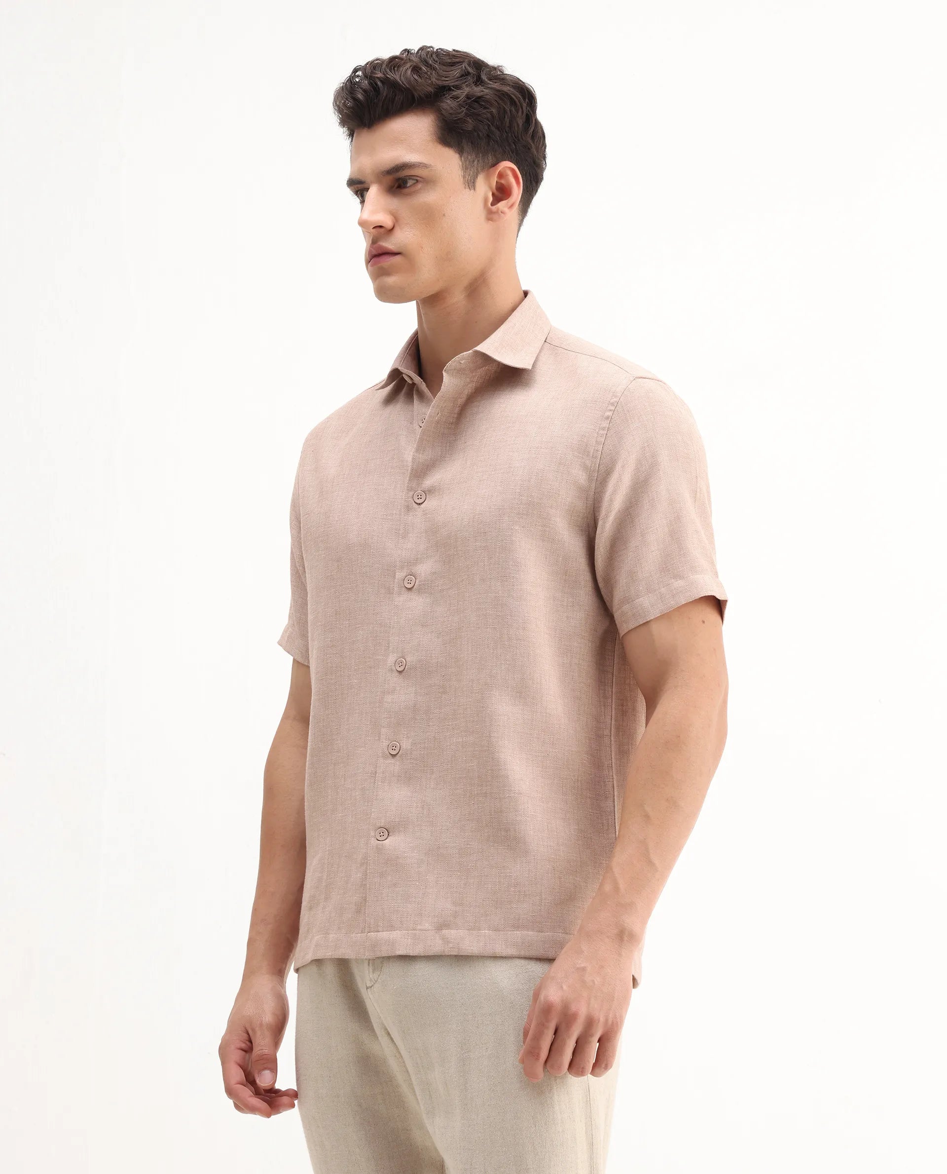 Rare Rabbit Men's Rome-Ss Dusky Rust Polyester Plain Regular Fit Half Sleeve Collared Shirt