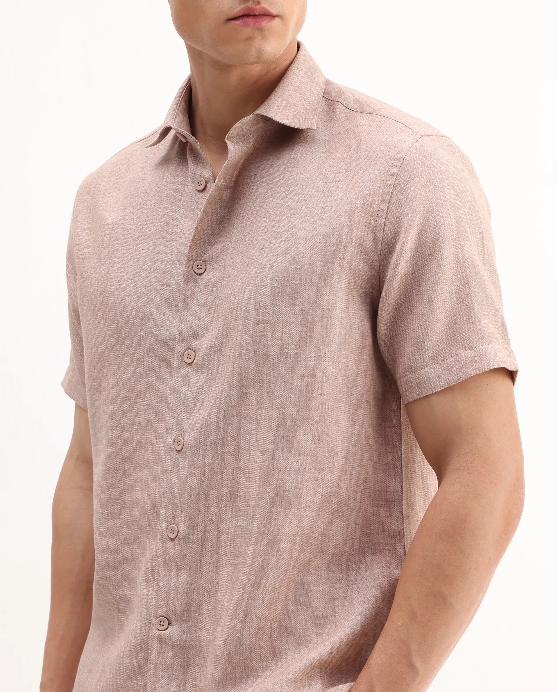 Rare Rabbit Men's Rome-Ss Dusky Rust Polyester Plain Regular Fit Half Sleeve Collared Shirt