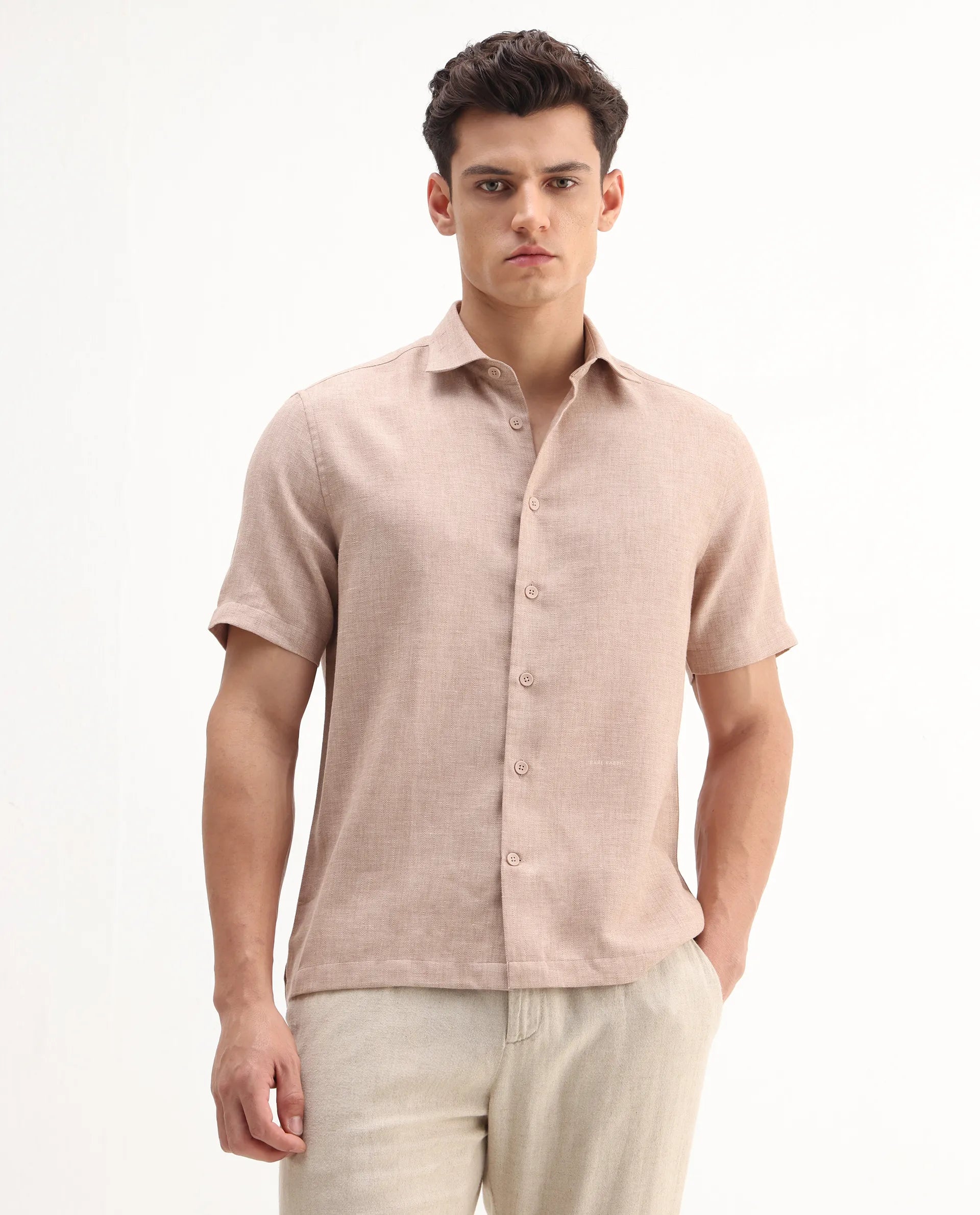 Rare Rabbit Men's Rome-Ss Dusky Rust Polyester Plain Regular Fit Half Sleeve Collared Shirt