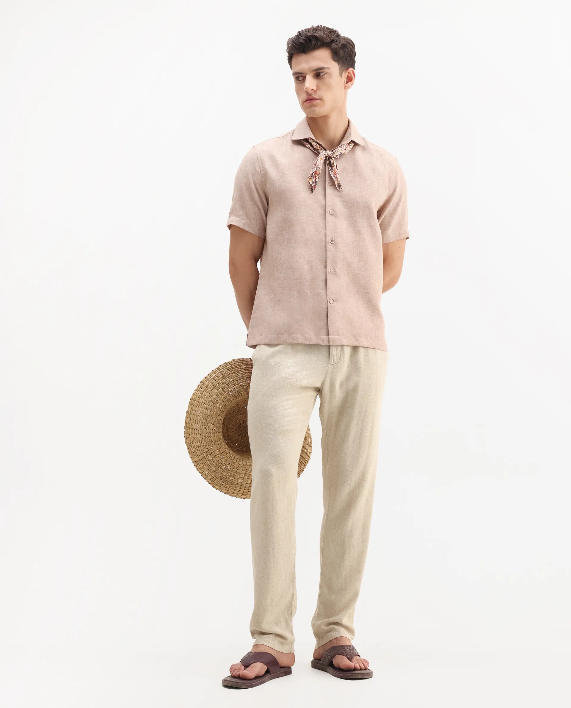 Rare Rabbit Men's Rome-Ss Dusky Rust Polyester Plain Regular Fit Half Sleeve Collared Shirt