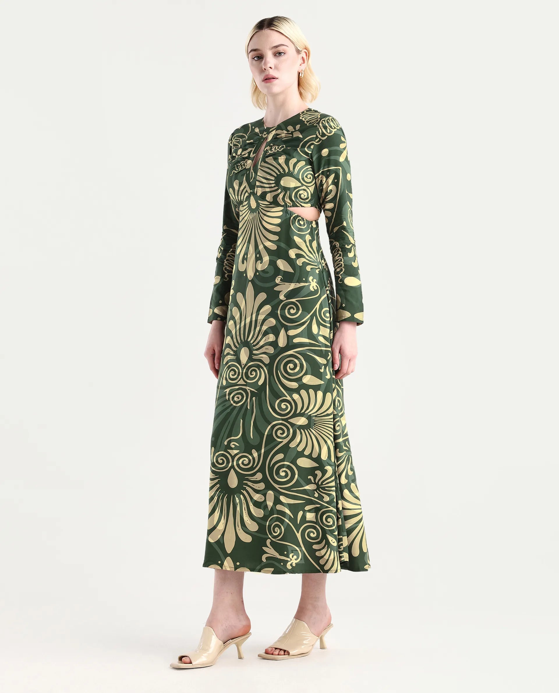 Rareism Women's Ronaz Green Viscose Round Neck Ornamental Print Maxi Fit And Flare Dress