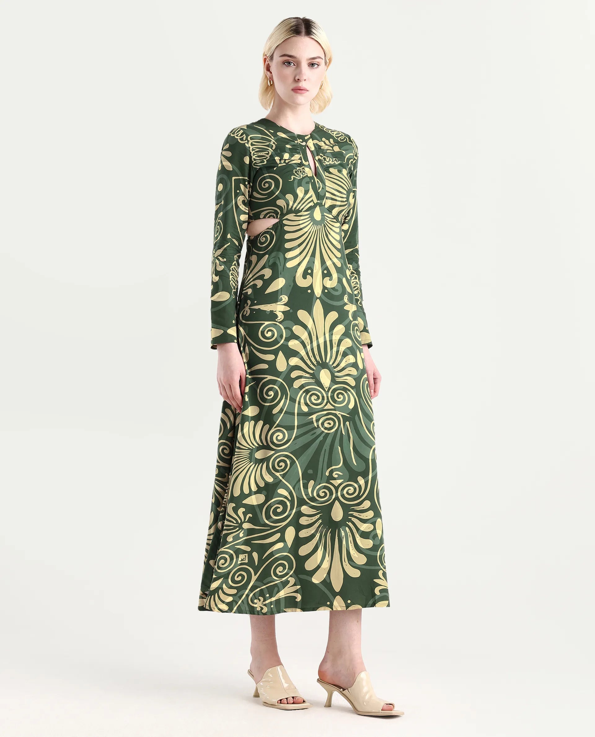 Rareism Women's Ronaz Green Viscose Round Neck Ornamental Print Maxi Fit And Flare Dress