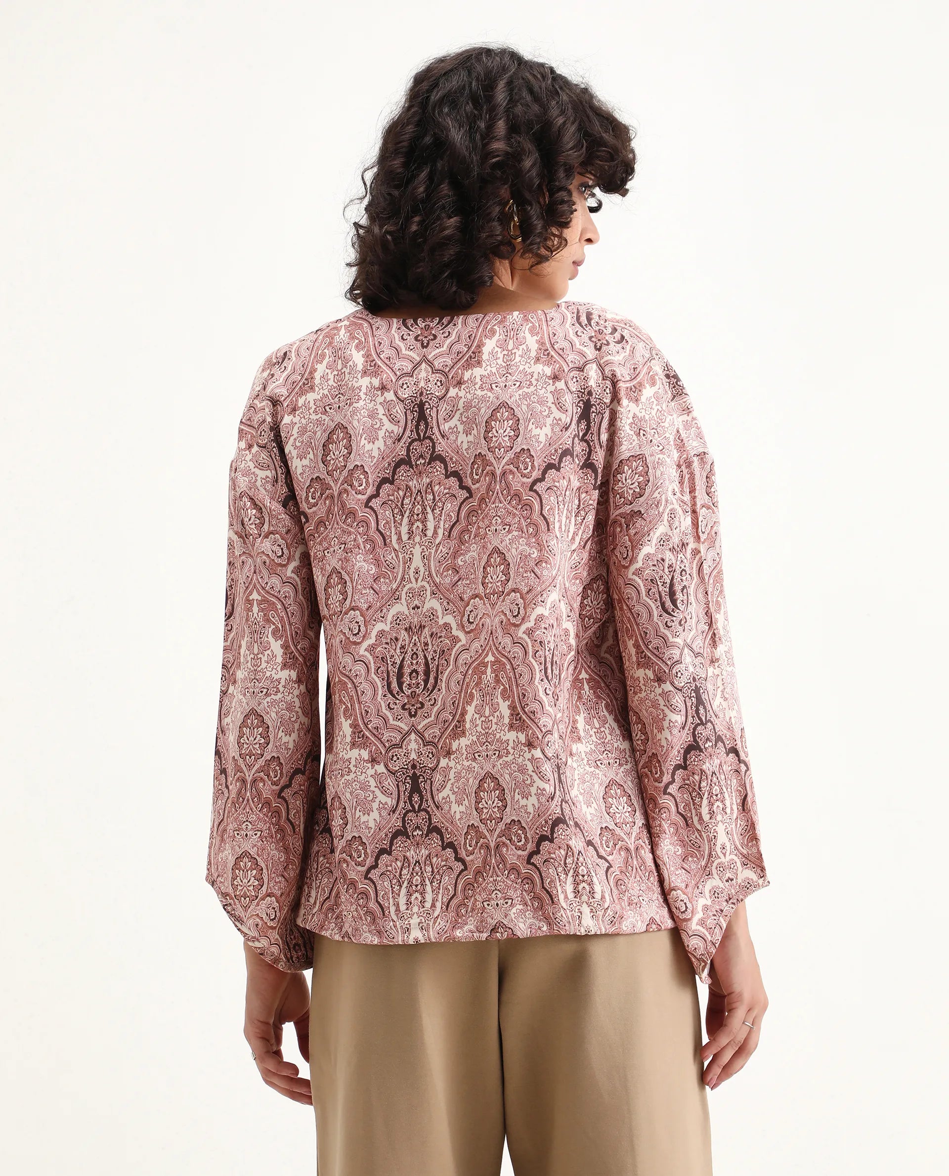 Rareism Women's Roneltie Light Brown Viscose V-Neck Ornamental Print Relaxed Fit Top