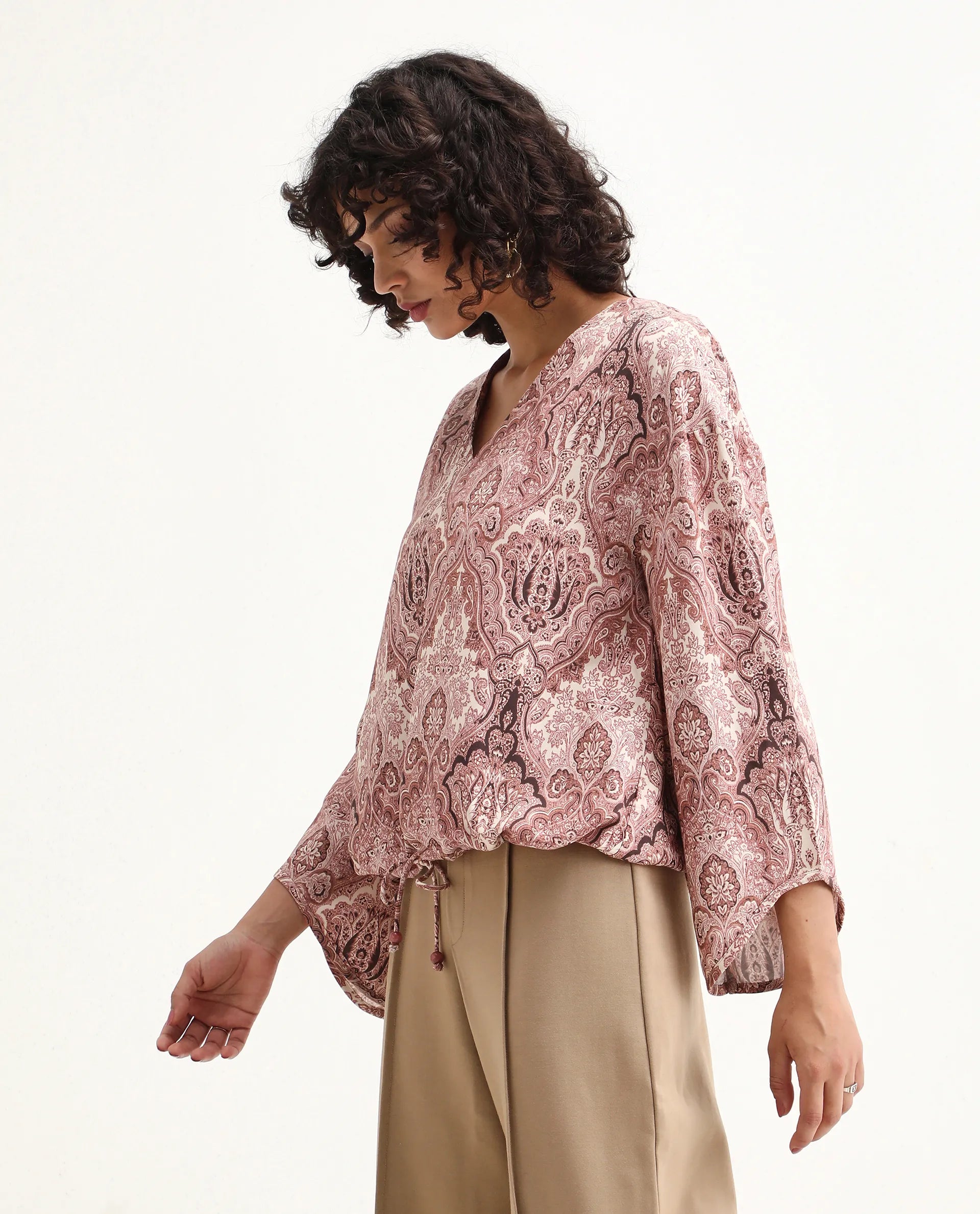 Rareism Women's Roneltie Light Brown Viscose V-Neck Ornamental Print Relaxed Fit Top