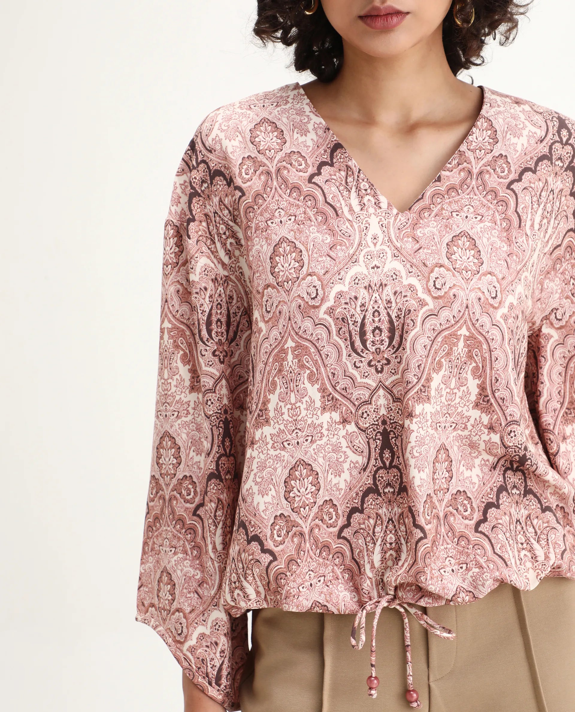 Rareism Women's Roneltie Light Brown Viscose V-Neck Ornamental Print Relaxed Fit Top