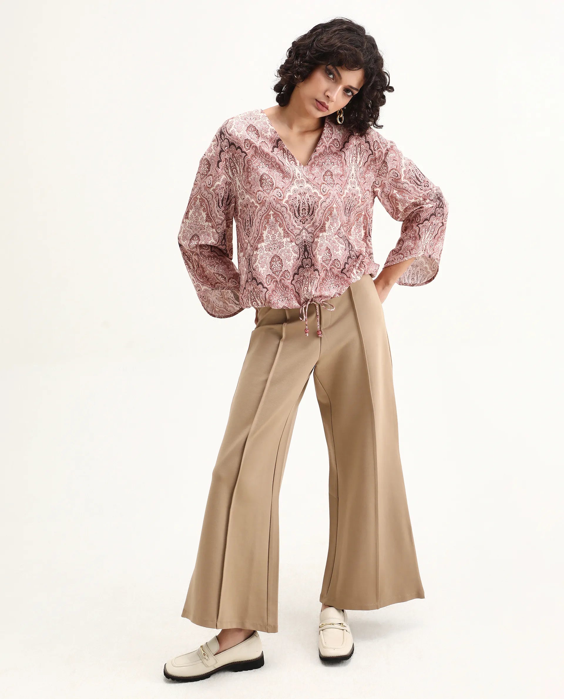 Rareism Women's Roneltie Light Brown Viscose V-Neck Ornamental Print Relaxed Fit Top