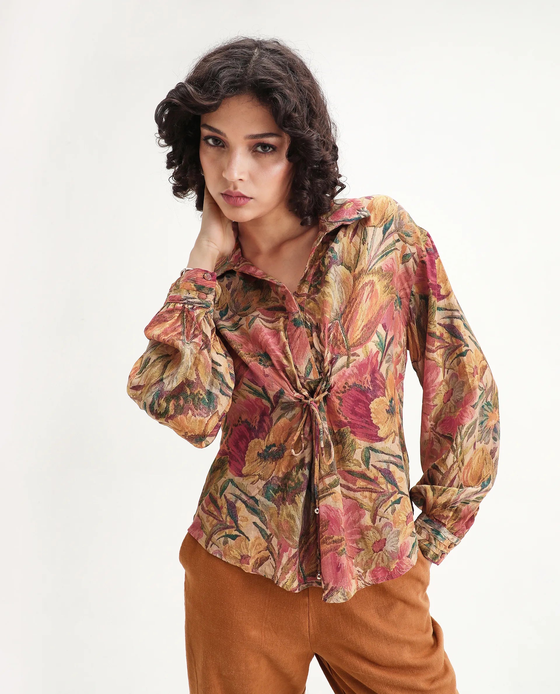 Rareism Women's Ronib Multi Viscose Blend Collared Floral Print Bishop Sleeve Relaxed Fit Top