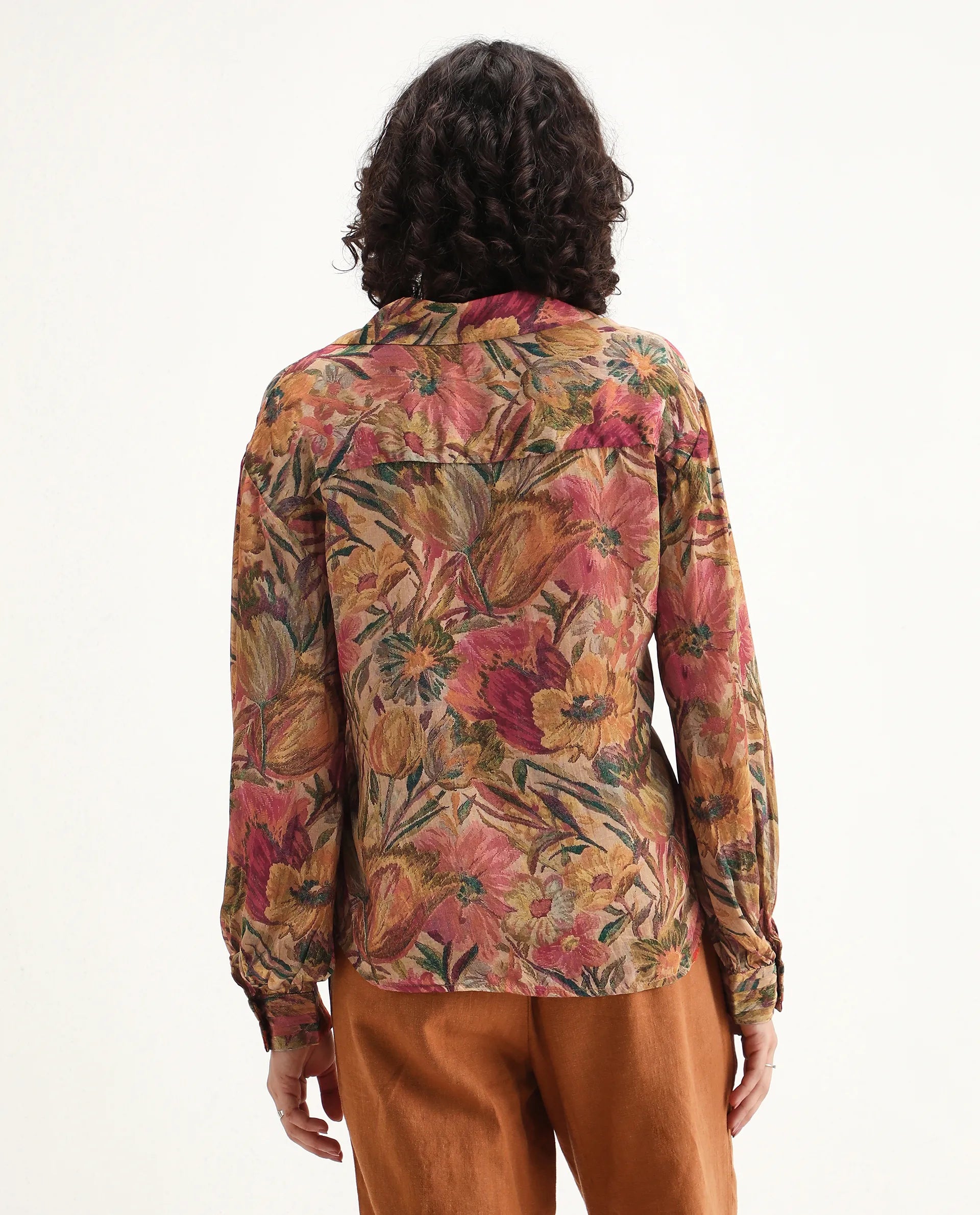 Rareism Women's Ronib Multi Viscose Blend Collared Floral Print Bishop Sleeve Relaxed Fit Top