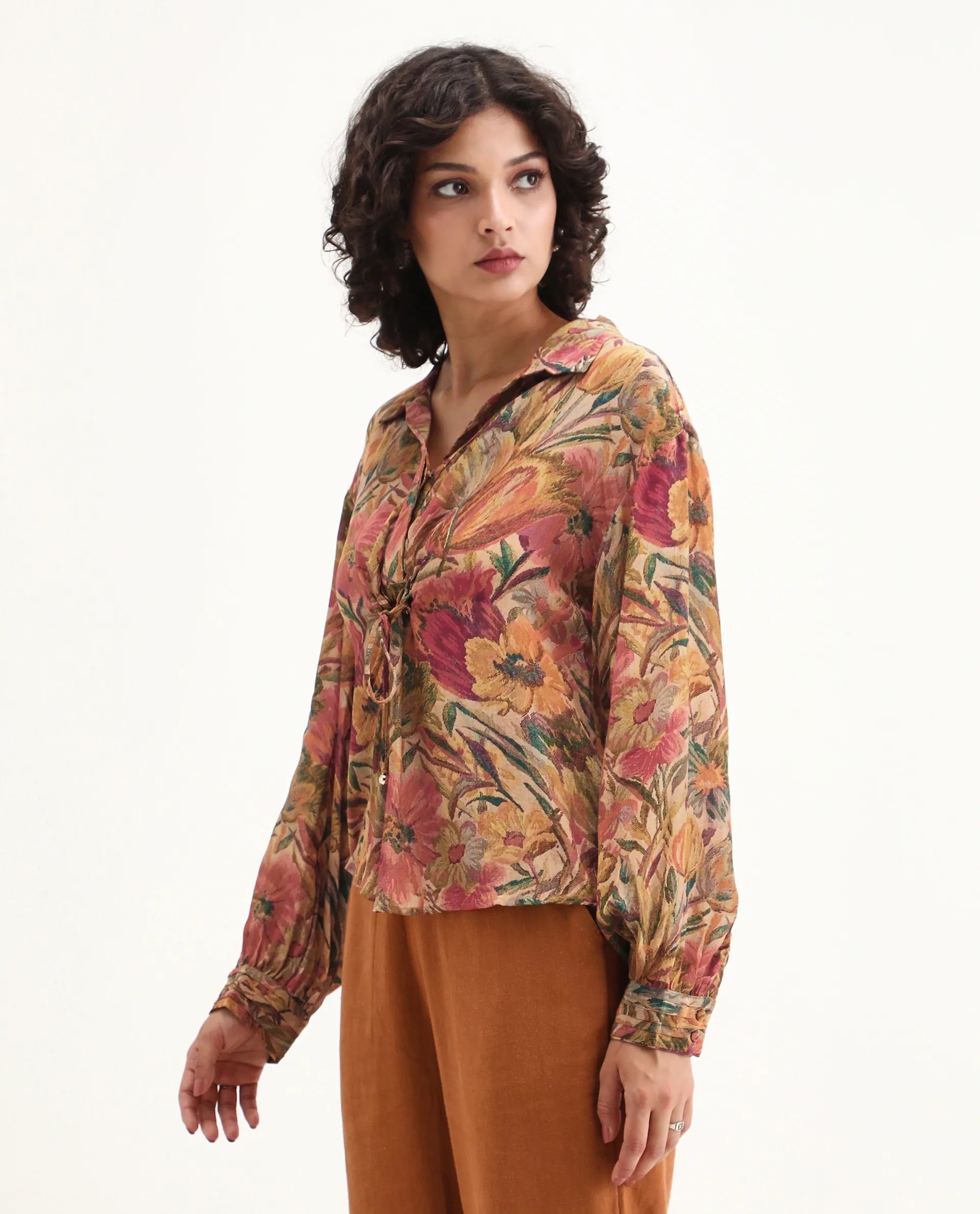 Rareism Women's Ronib Multi Viscose Blend Collared Floral Print Bishop Sleeve Relaxed Fit Top