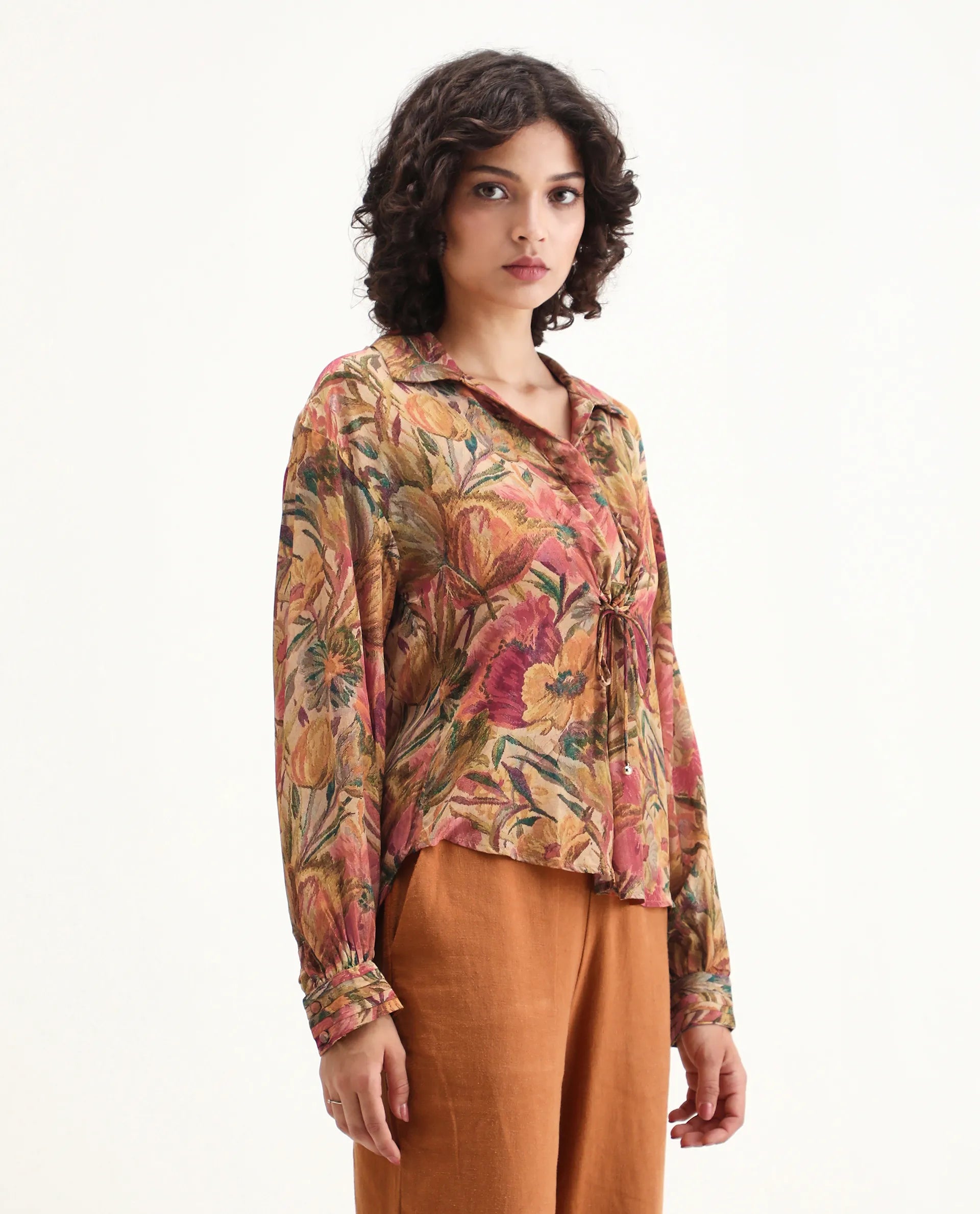 Rareism Women's Ronib Multi Viscose Blend Collared Floral Print Bishop Sleeve Relaxed Fit Top