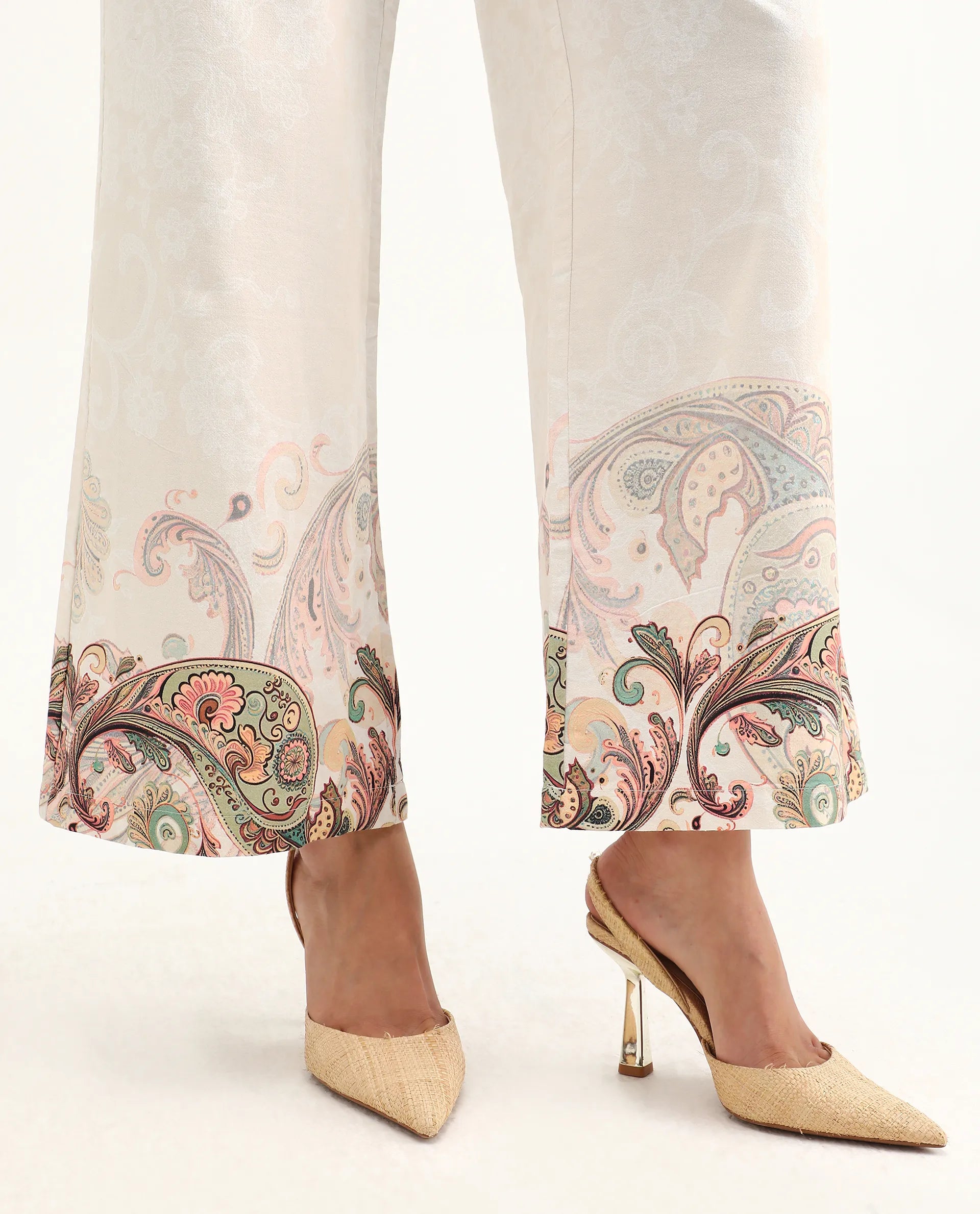 Rareism Women's Roniv B Beige Cotton Paisley Print Ankle Length Wide Trouser