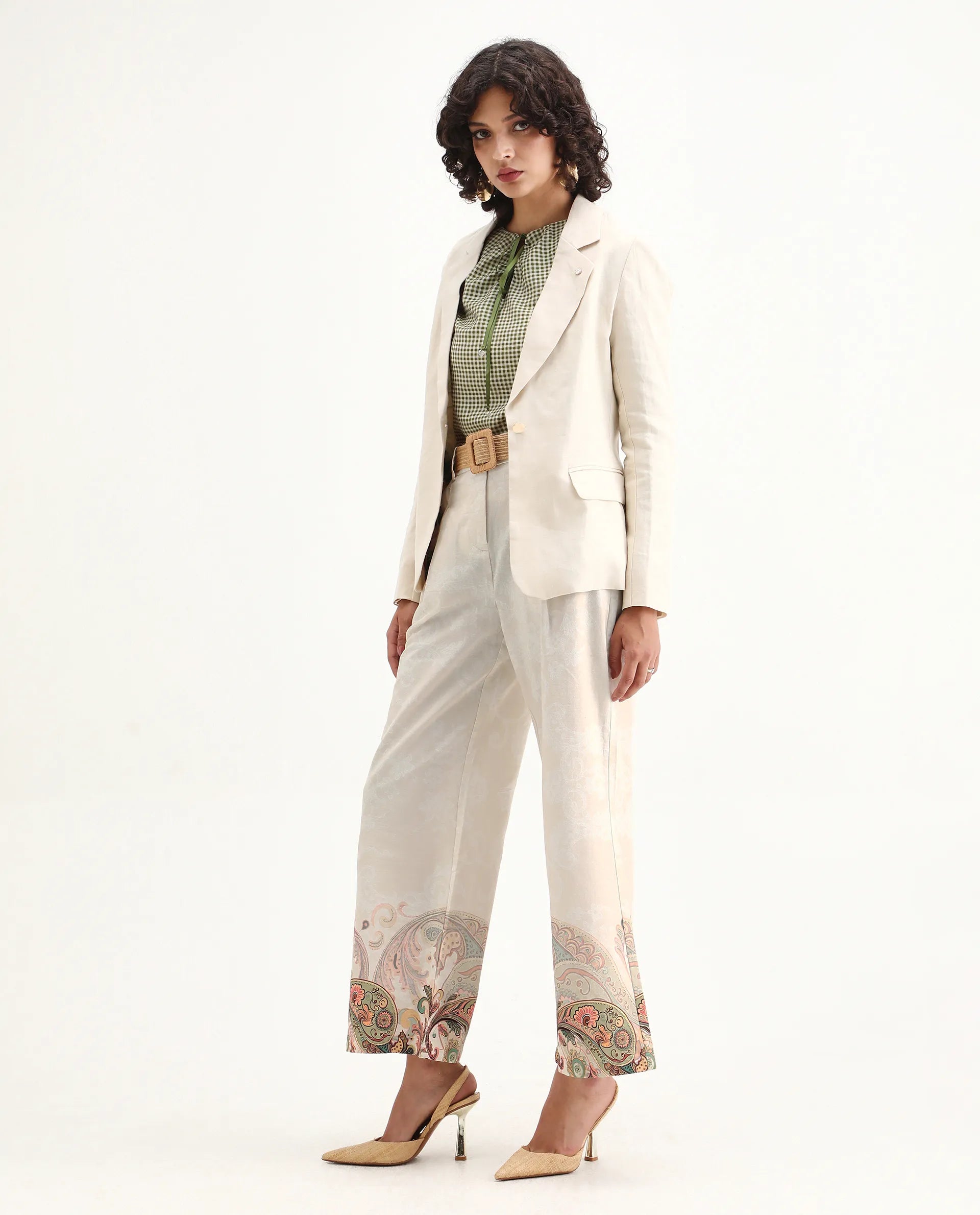 Rareism Women's Roniv B Beige Cotton Paisley Print Ankle Length Wide Trouser